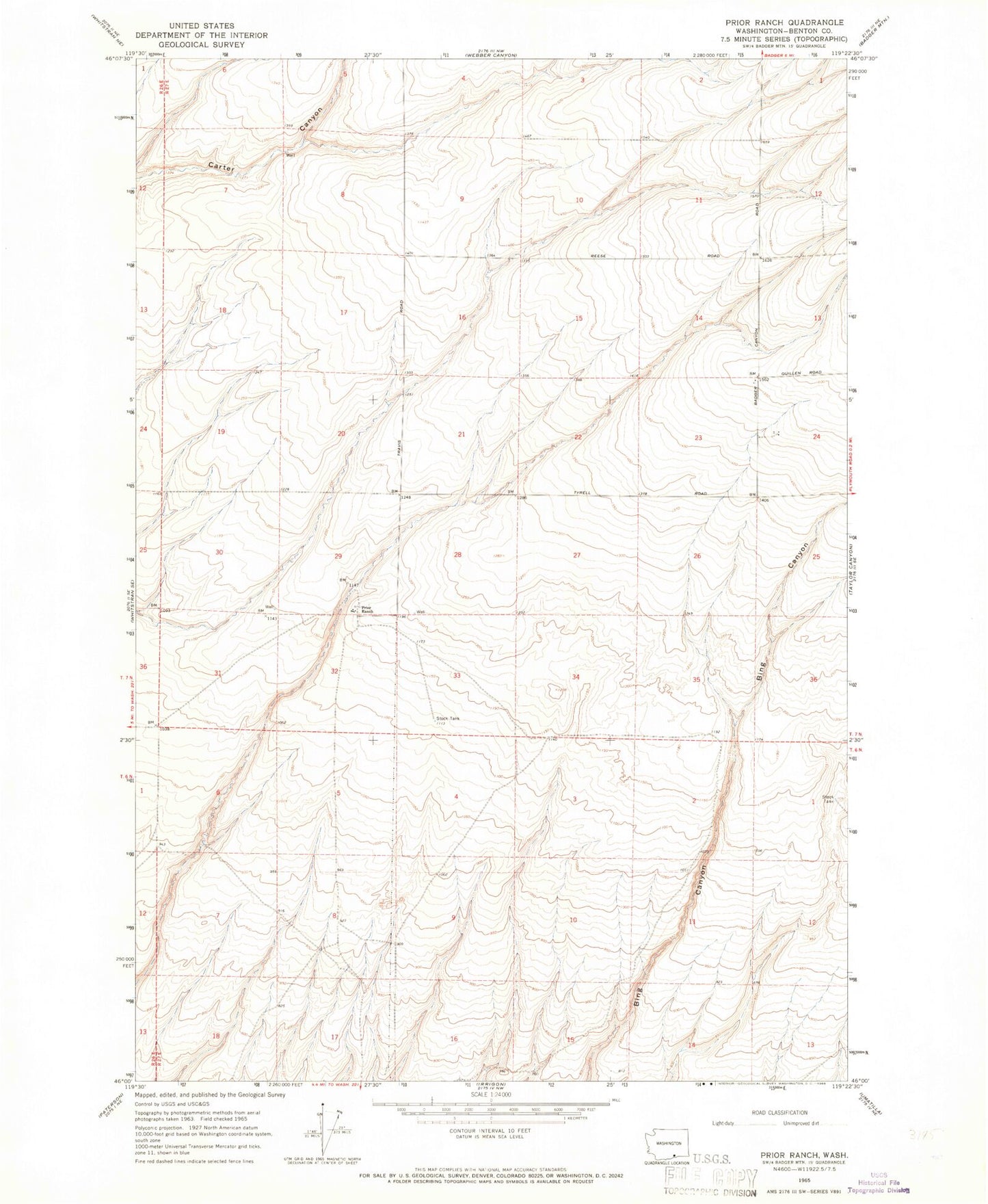 Classic USGS Prior Ranch Washington 7.5'x7.5' Topo Map Image