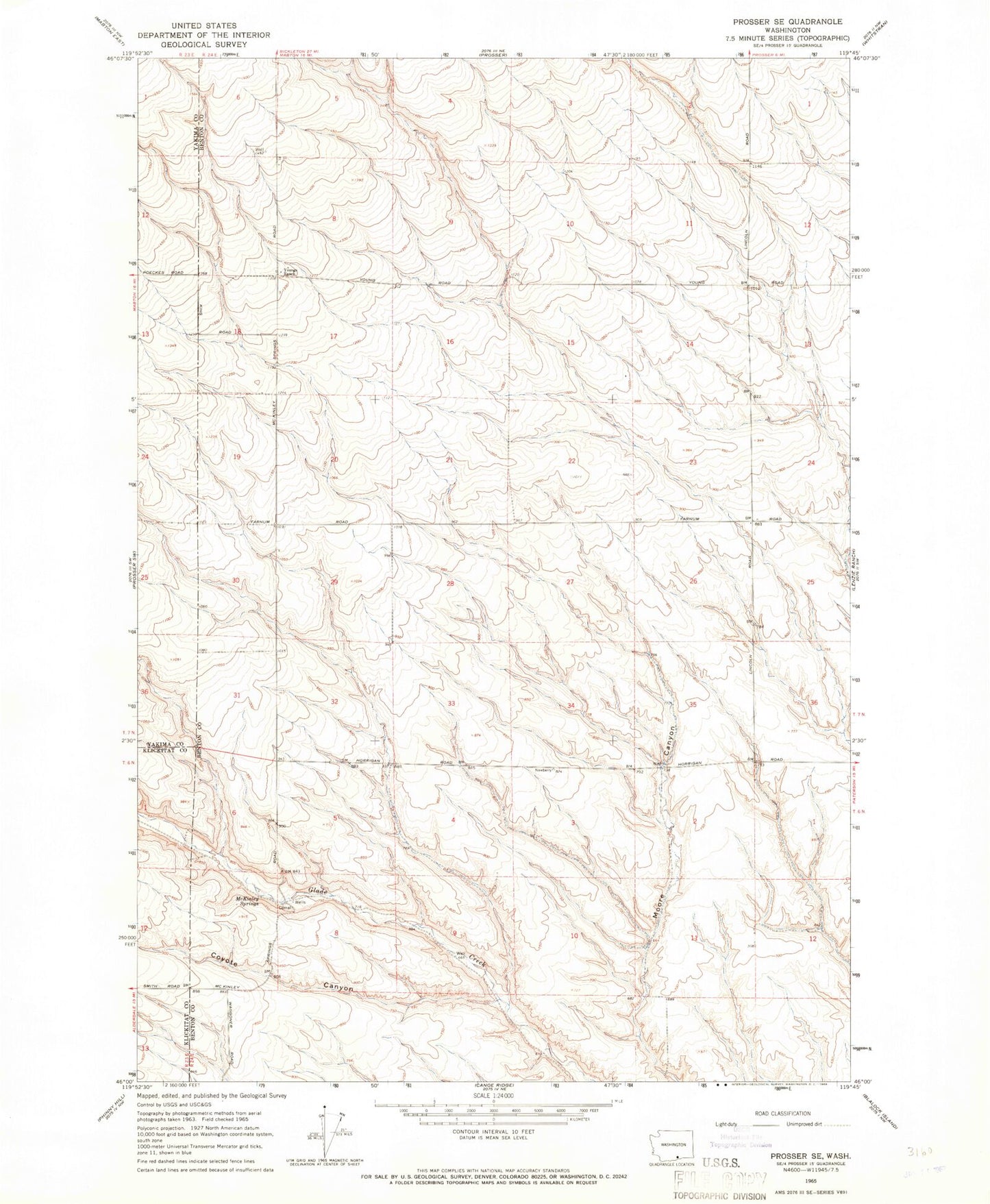 Classic USGS Prosser SE Washington 7.5'x7.5' Topo Map Image
