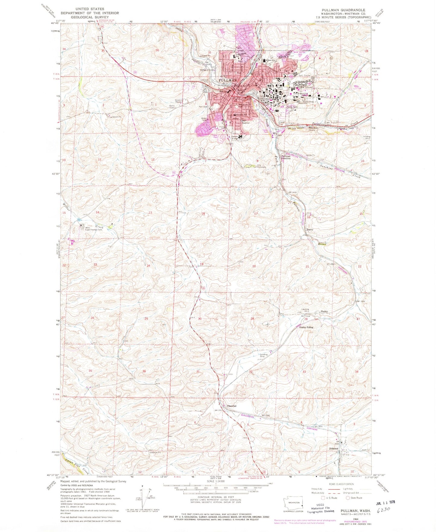 Classic USGS Pullman Washington 7.5'x7.5' Topo Map Image