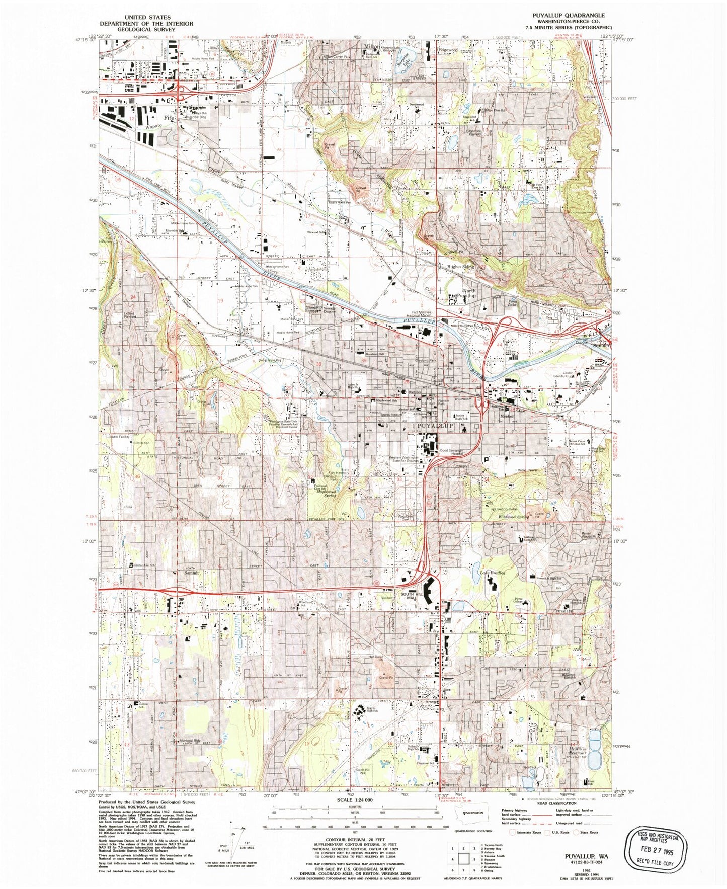 Classic USGS Puyallup Washington 7.5'x7.5' Topo Map Image