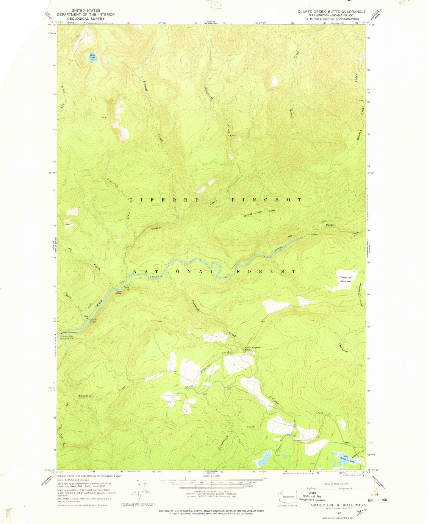 Classic USGS Quartz Creek Butte Washington 7.5'x7.5' Topo Map Image