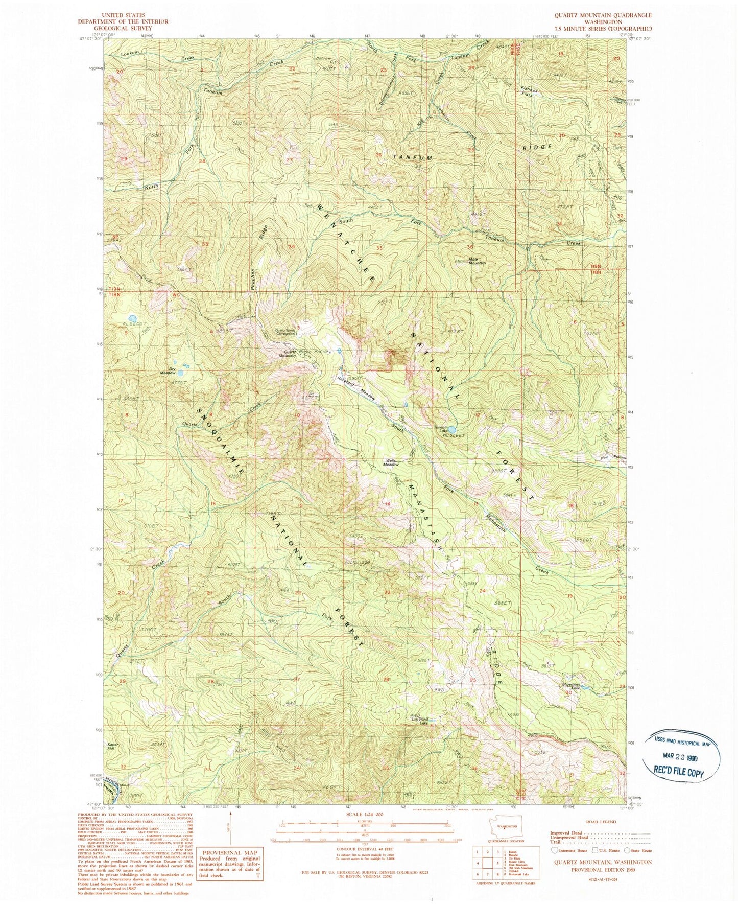 Classic USGS Quartz Mountain Washington 7.5'x7.5' Topo Map Image