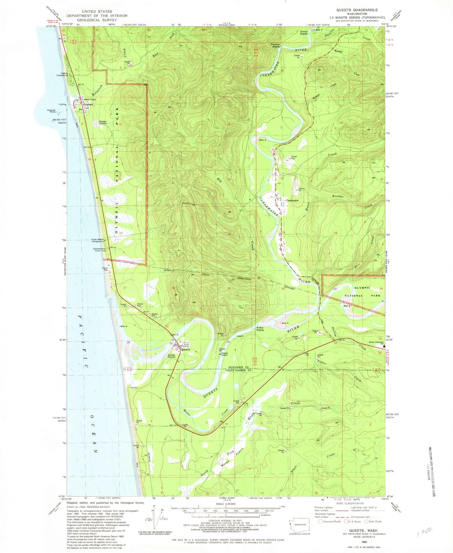 Classic USGS Queets Washington 7.5'x7.5' Topo Map Image