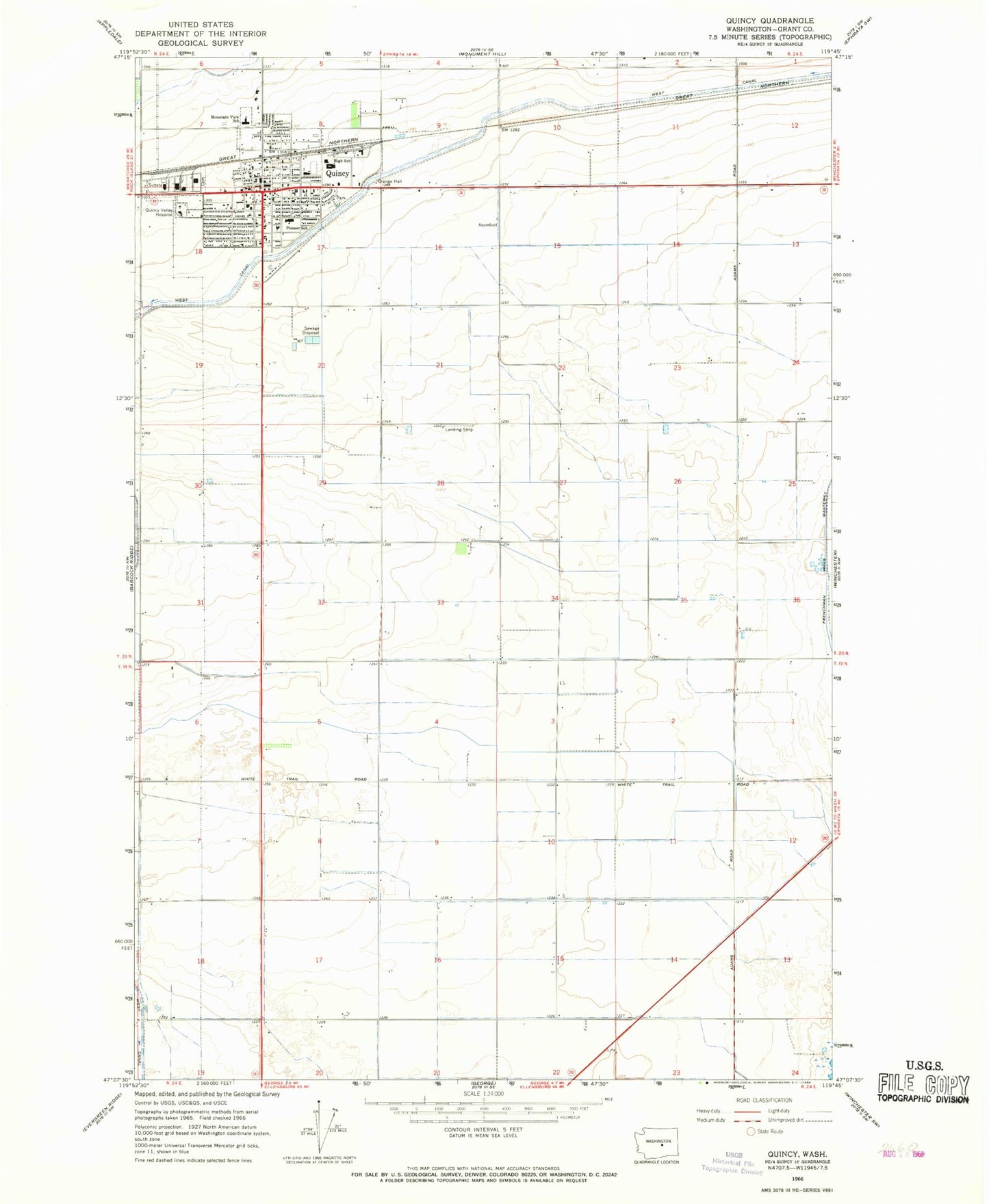 Classic USGS Quincy Washington 7.5'x7.5' Topo Map Image