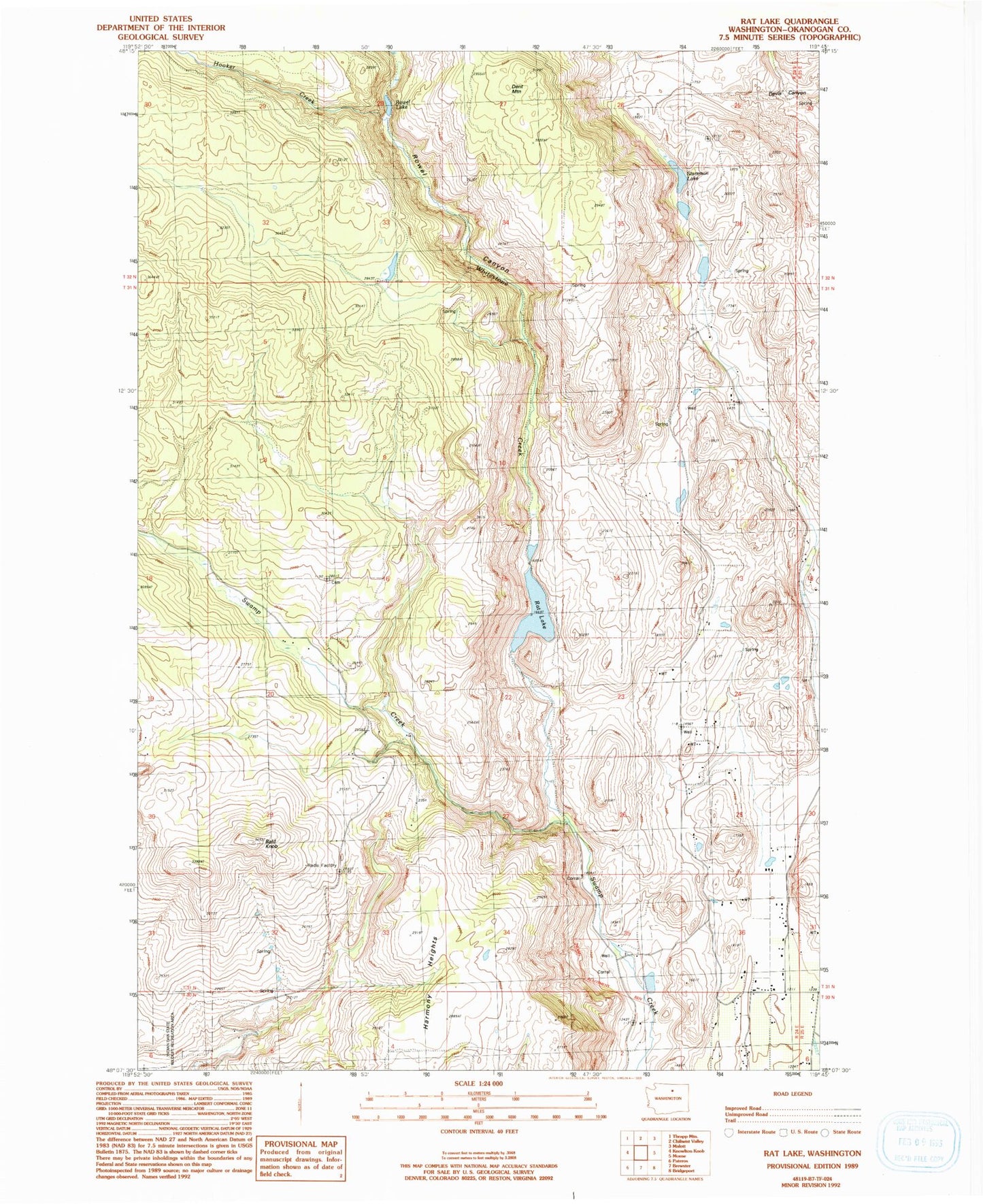 Classic USGS Rat Lake Washington 7.5'x7.5' Topo Map Image