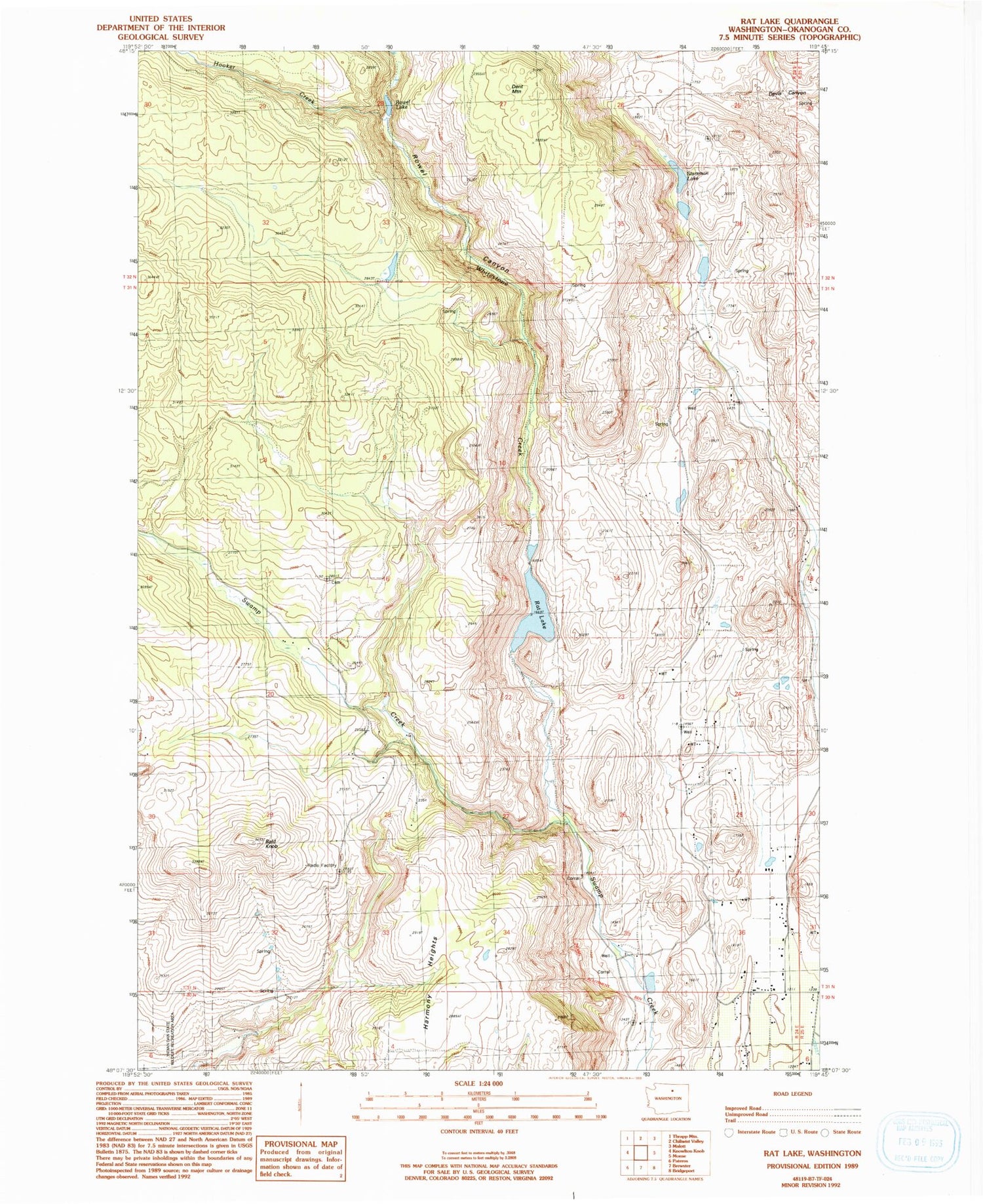 Classic USGS Rat Lake Washington 7.5'x7.5' Topo Map Image