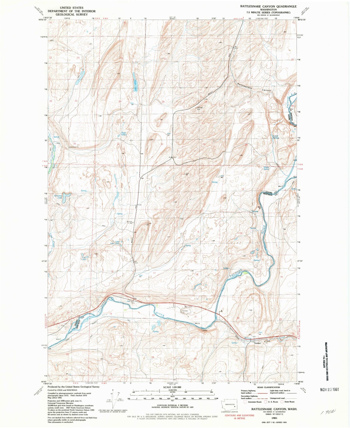 Classic USGS Rattlesnake Canyon Washington 7.5'x7.5' Topo Map Image