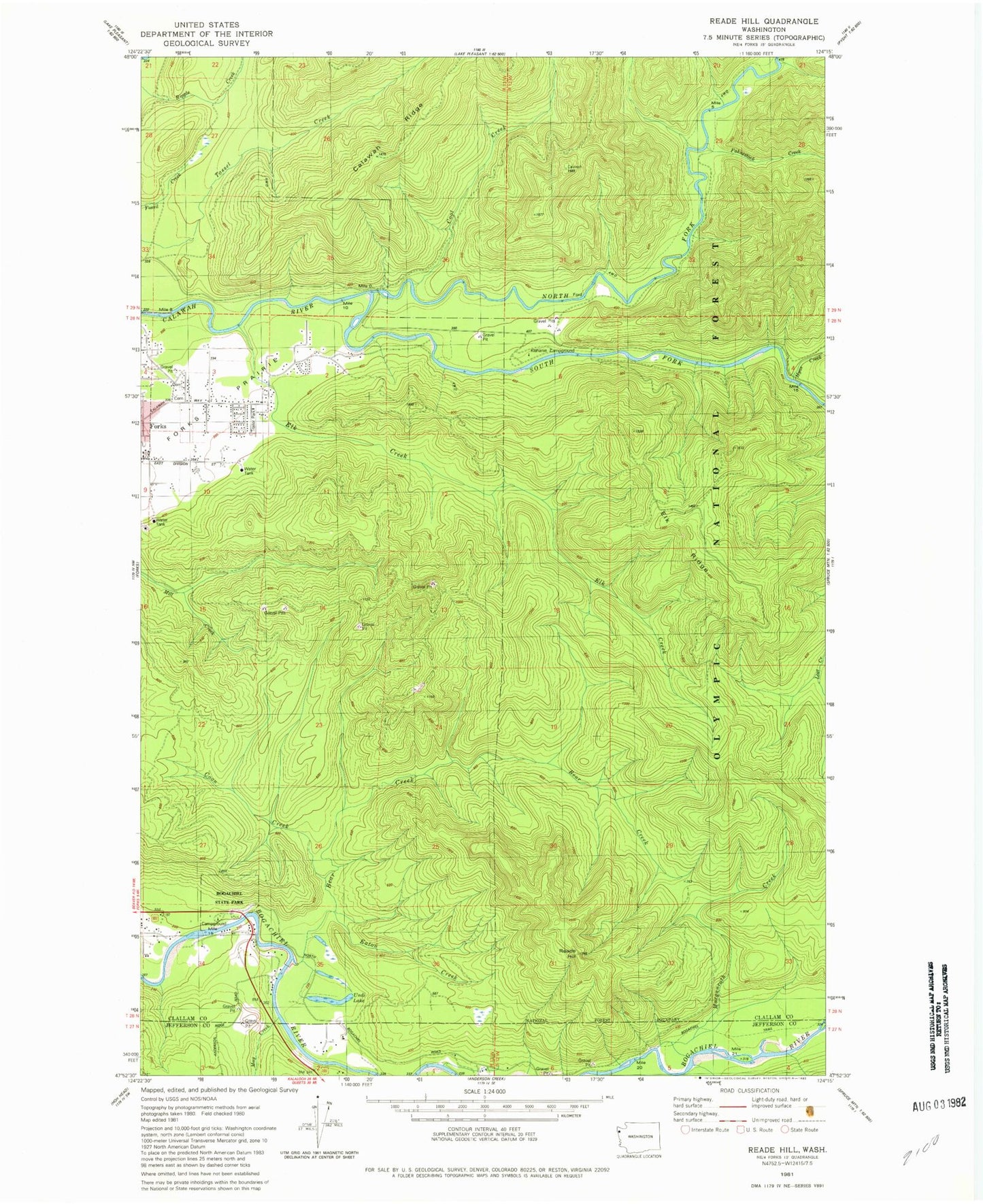 Classic USGS Reade Hill Washington 7.5'x7.5' Topo Map Image