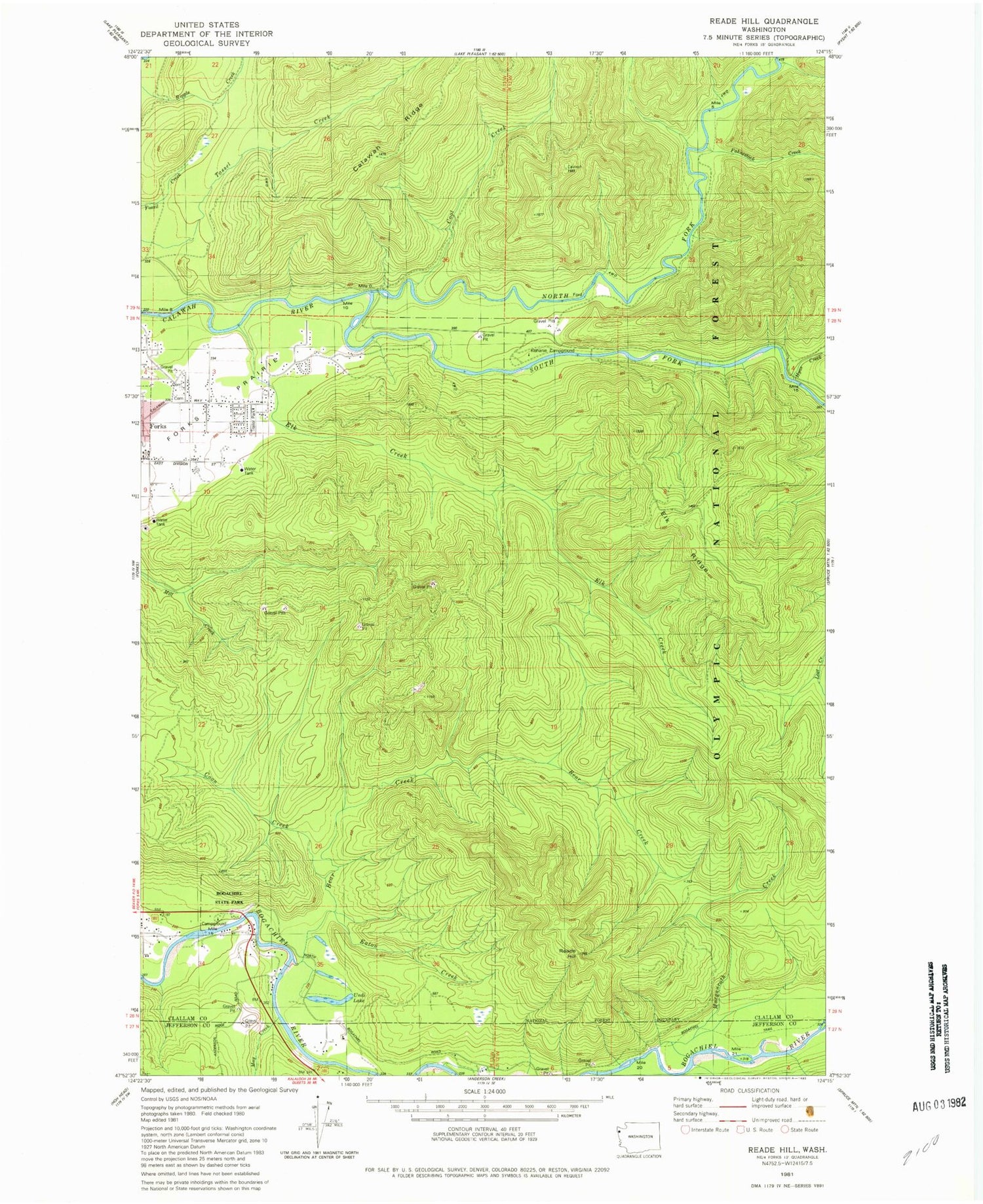 Classic USGS Reade Hill Washington 7.5'x7.5' Topo Map Image