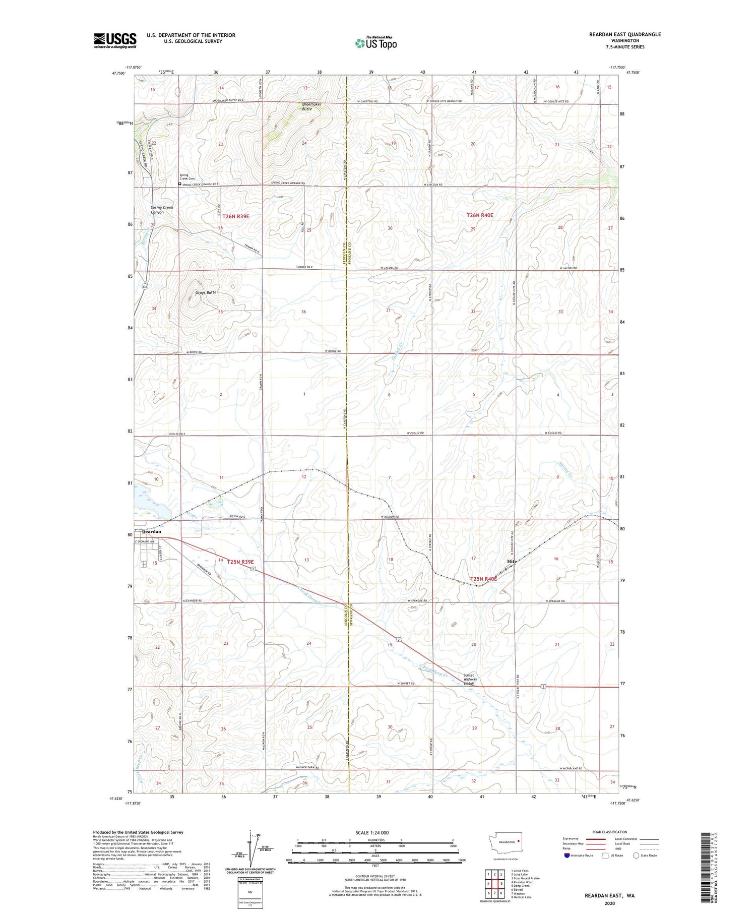 Reardan East Washington US Topo Map Image