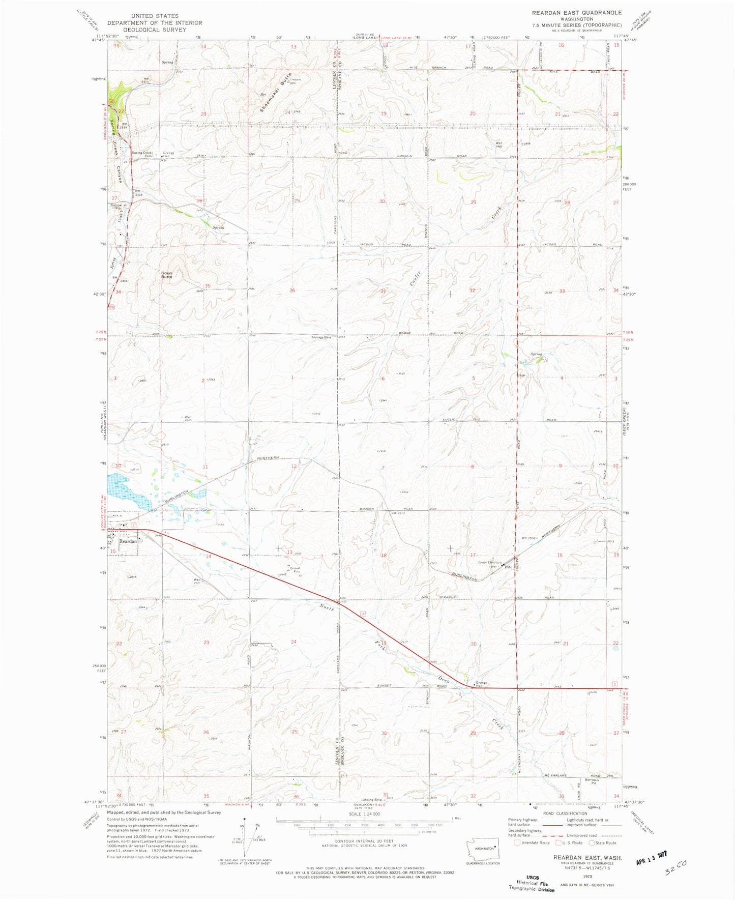 Classic USGS Reardan East Washington 7.5'x7.5' Topo Map Image