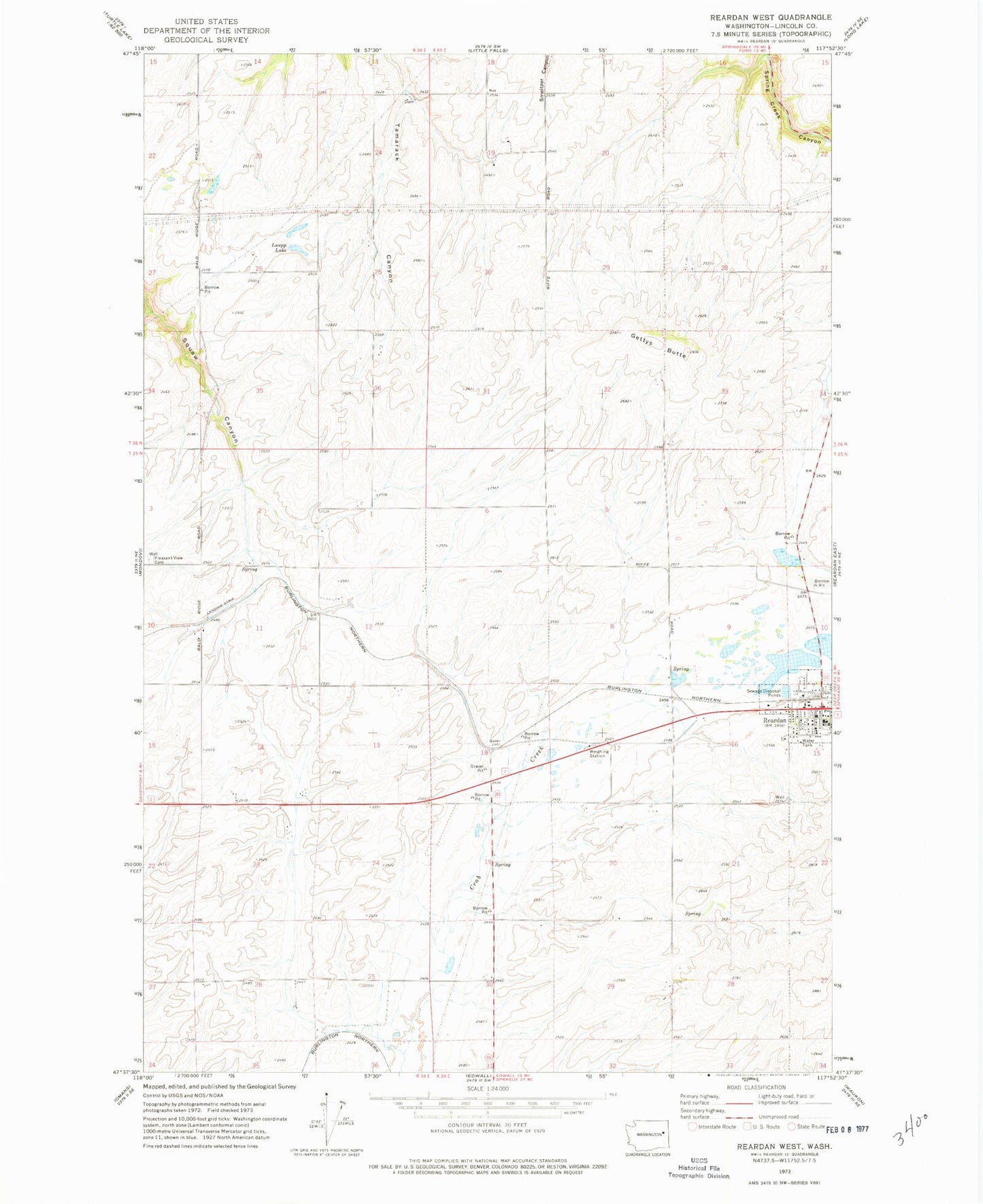 Classic USGS Reardan West Washington 7.5'x7.5' Topo Map Image