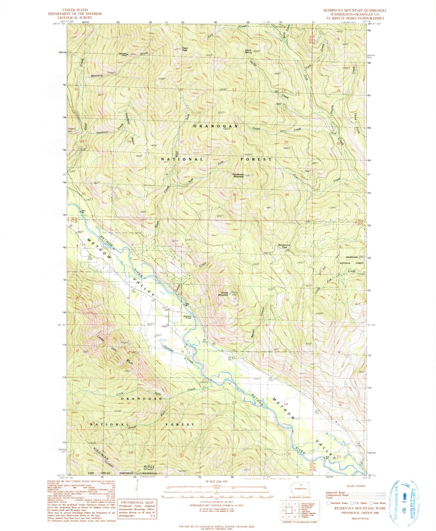 Classic USGS Rendevous Mountain Washington 7.5'x7.5' Topo Map Image