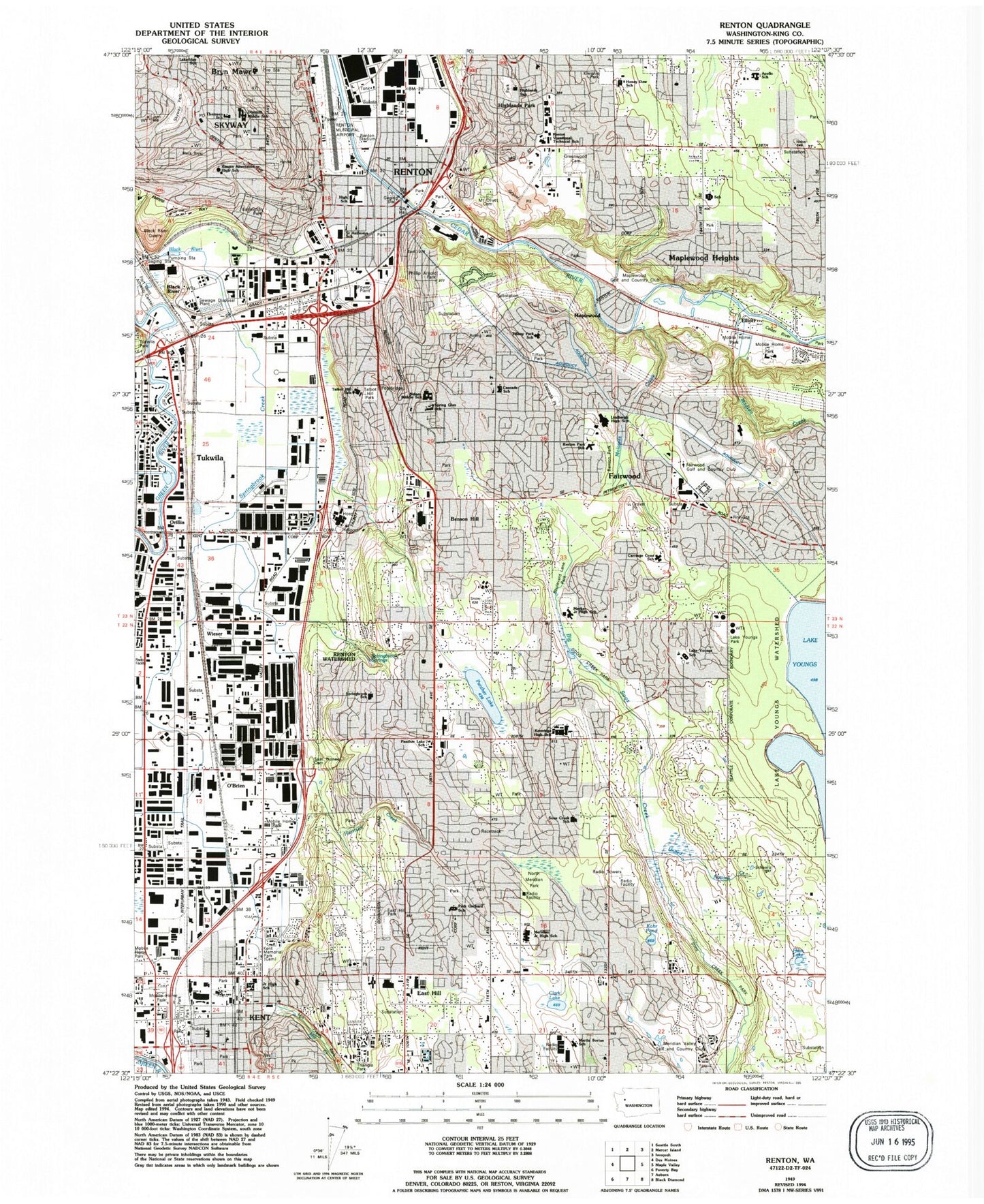 Classic USGS Renton Washington 7.5'x7.5' Topo Map Image