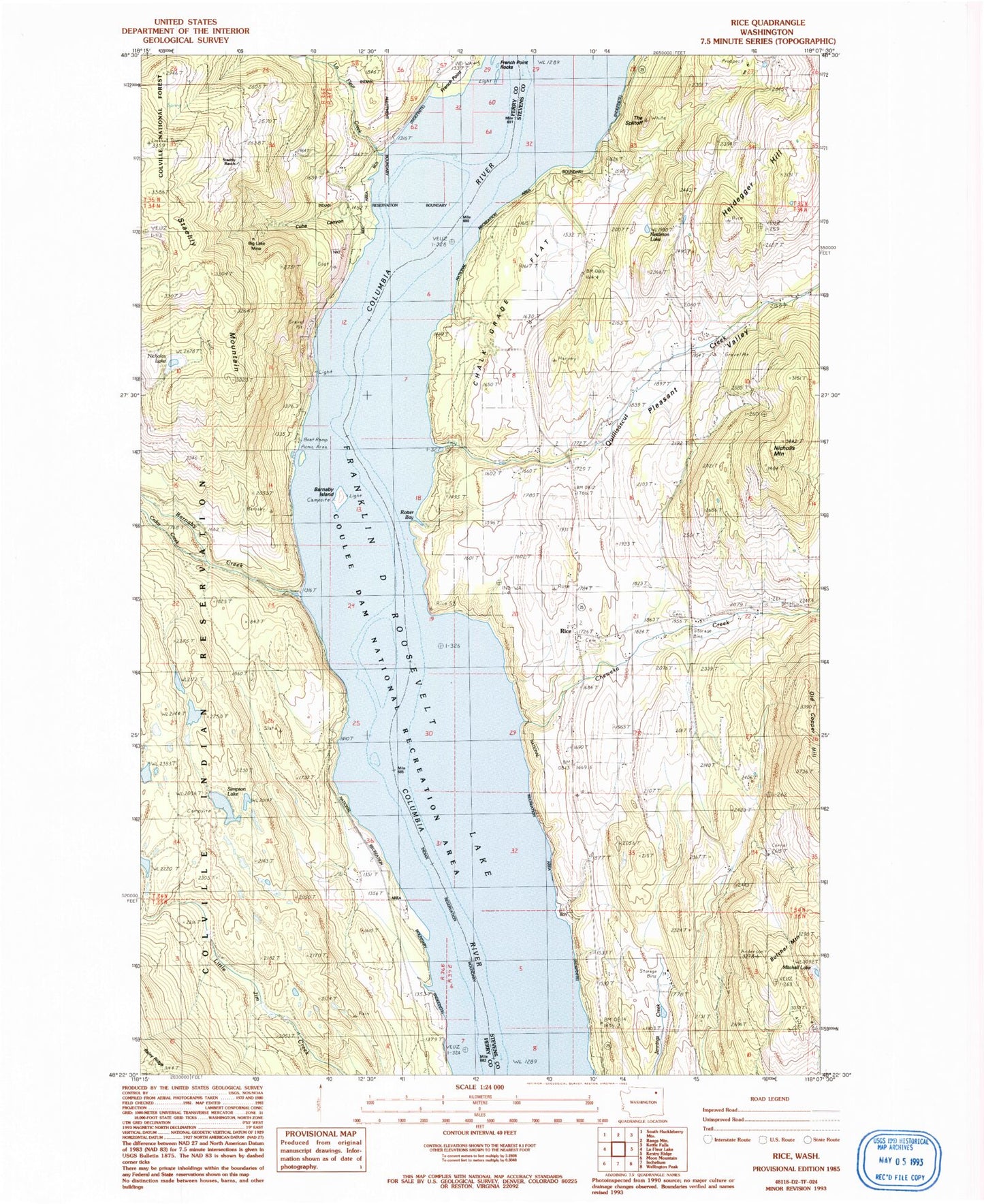 Classic USGS Rice Washington 7.5'x7.5' Topo Map Image