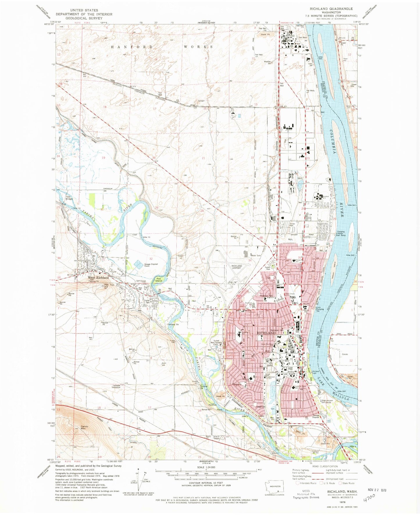Classic USGS Richland Washington 7.5'x7.5' Topo Map Image