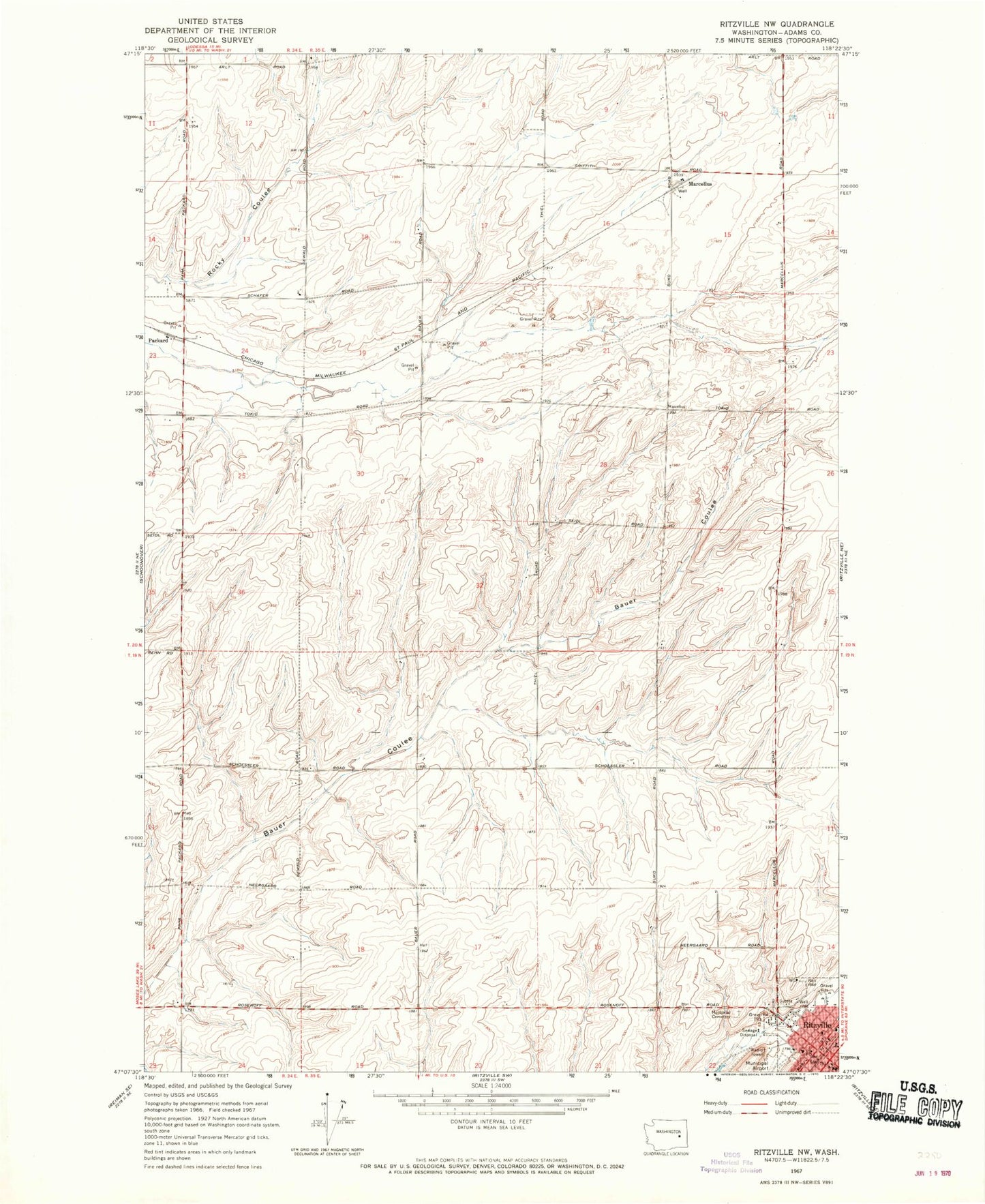 Classic USGS Ritzville NW Washington 7.5'x7.5' Topo Map Image