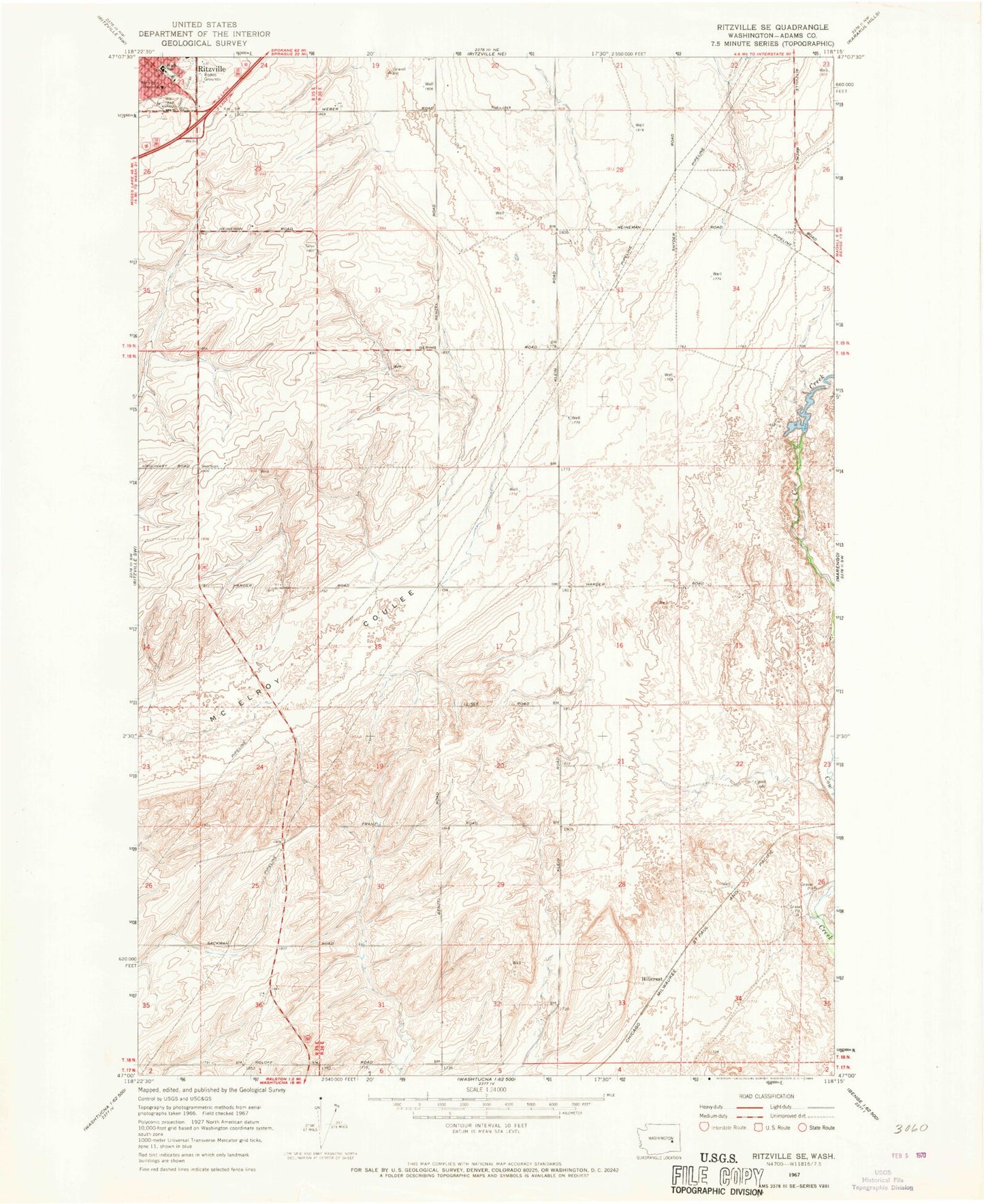 Classic USGS Ritzville SE Washington 7.5'x7.5' Topo Map Image