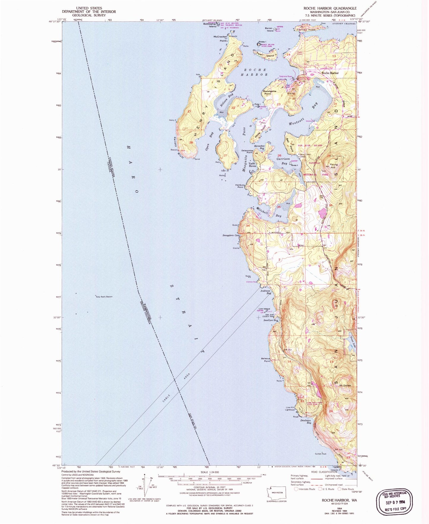 Classic USGS Roche Harbor Washington 7.5'x7.5' Topo Map Image