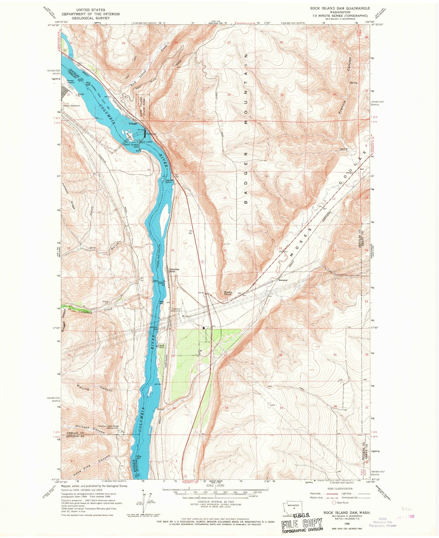 Classic USGS Rock Island Dam Washington 7.5'x7.5' Topo Map Image