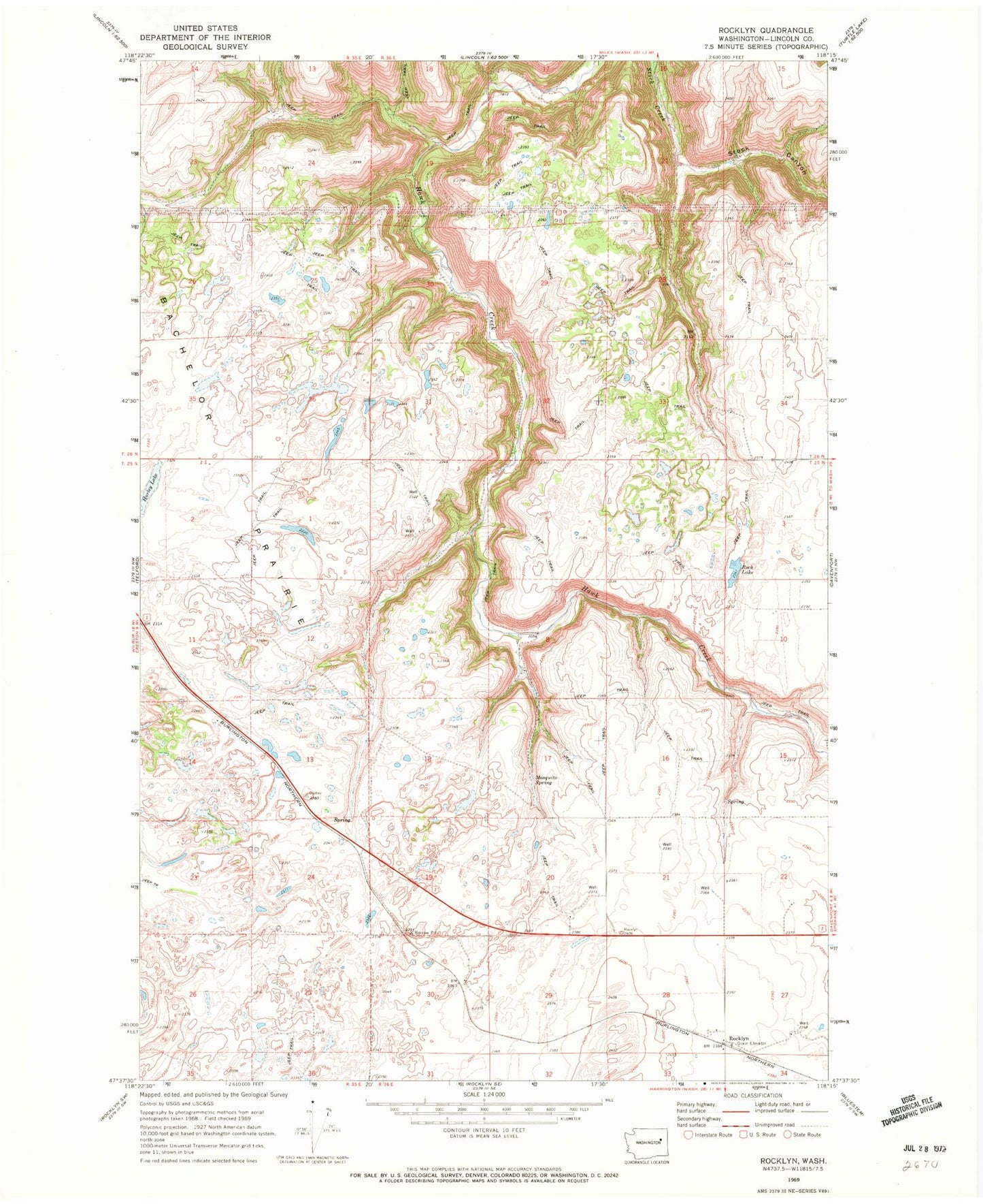 Classic USGS Rocklyn Washington 7.5'x7.5' Topo Map Image