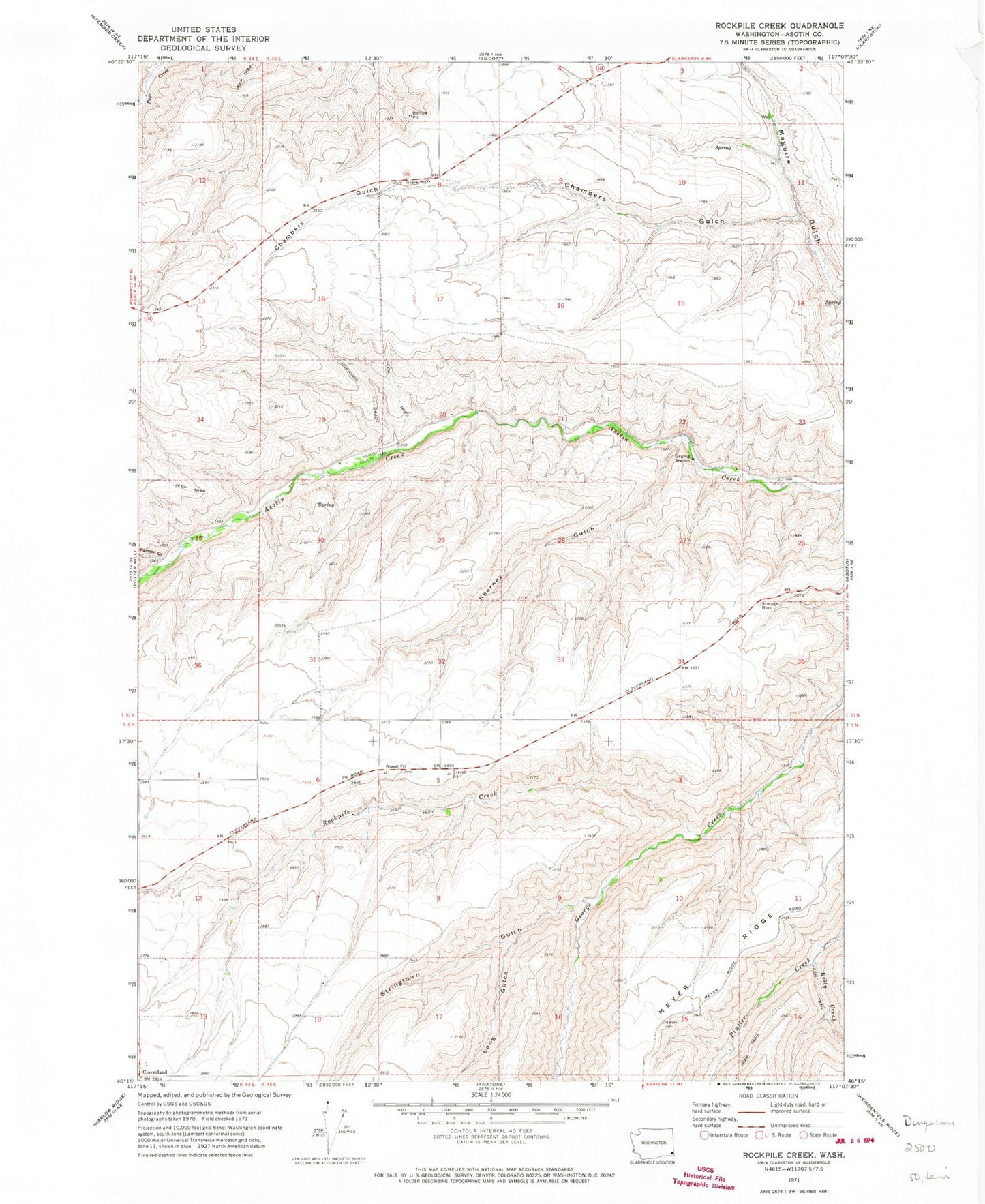 Classic USGS Rockpile Creek Washington 7.5'x7.5' Topo Map Image