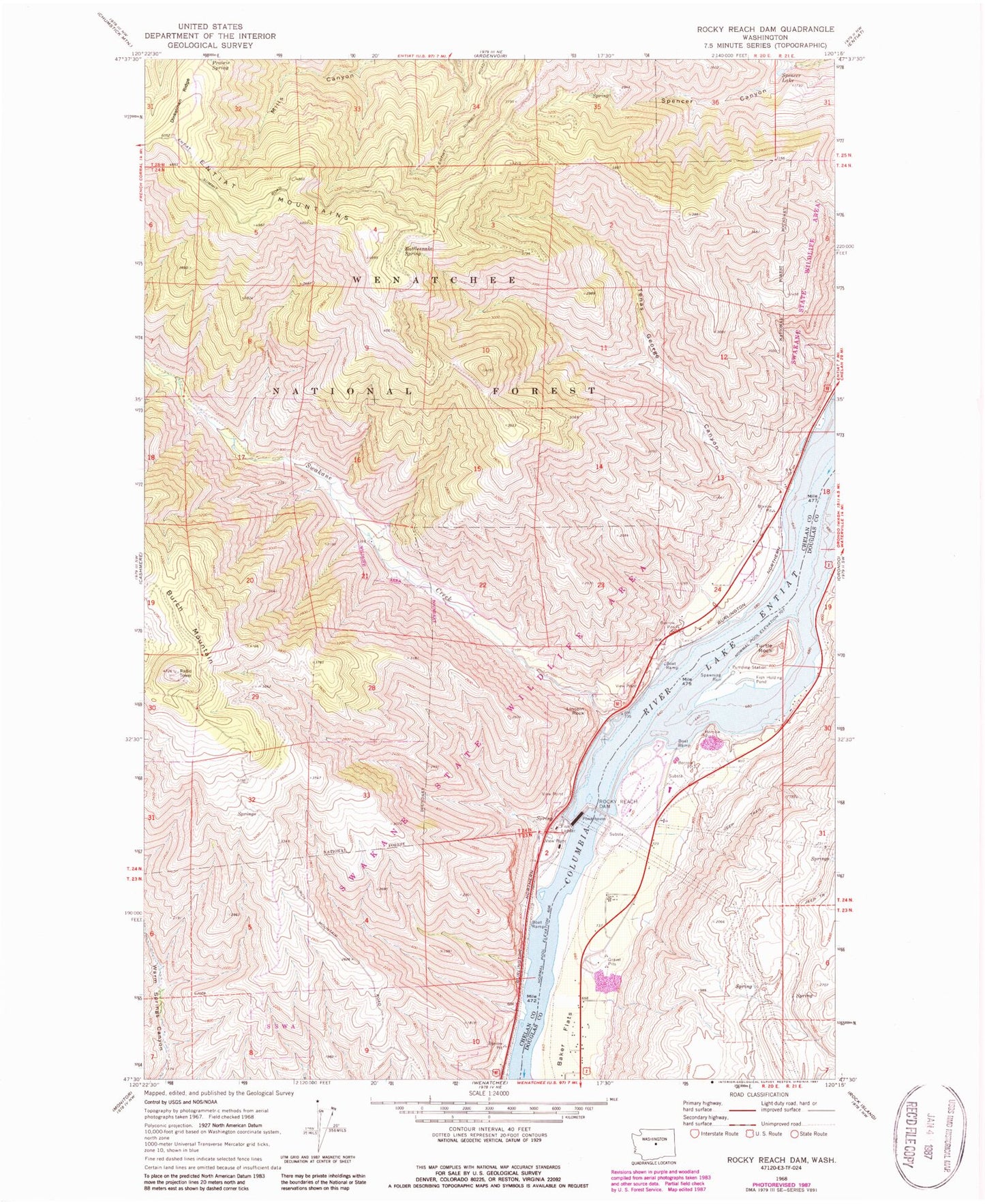 Classic USGS Rocky Reach Dam Washington 7.5'x7.5' Topo Map Image