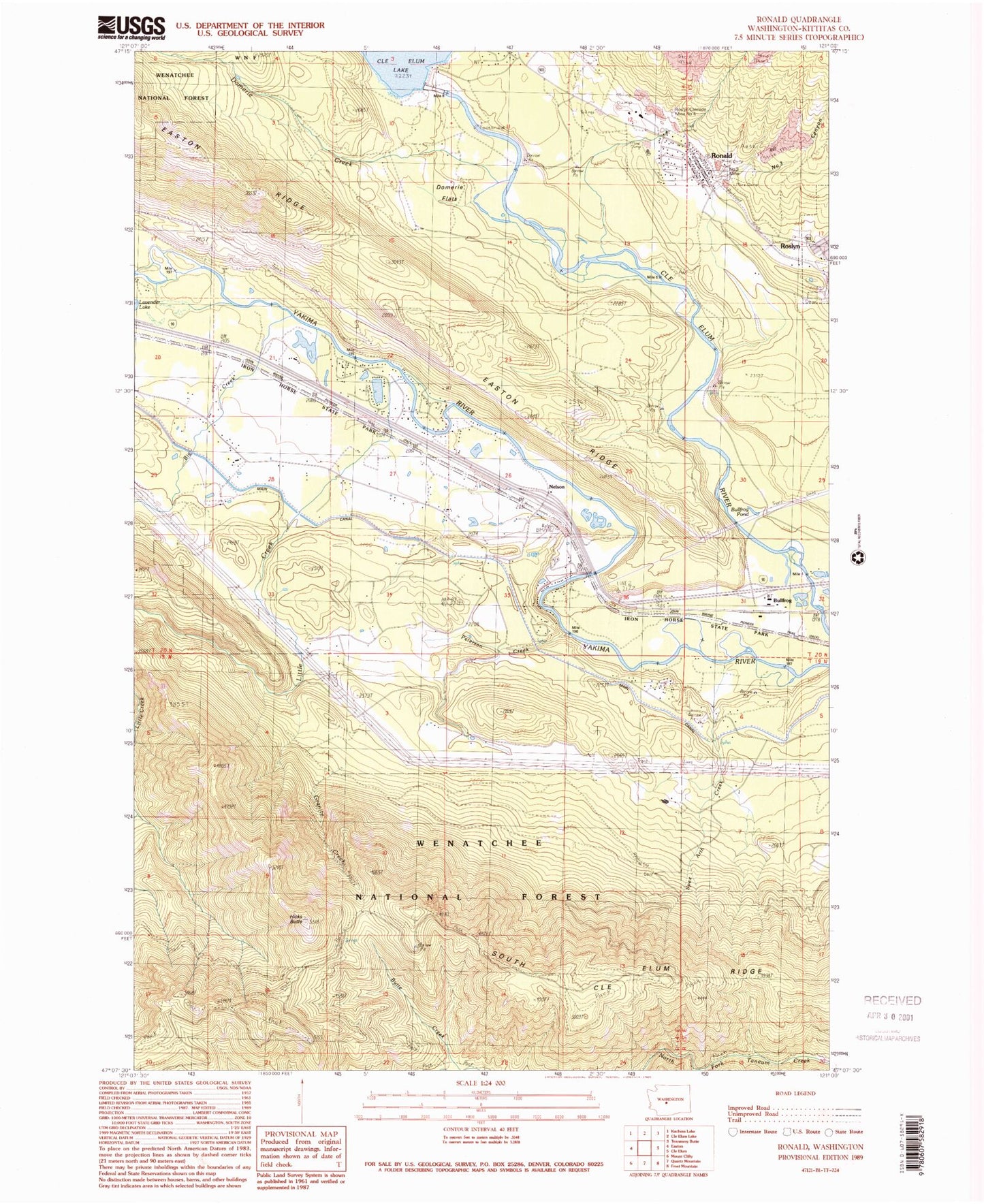 Classic USGS Ronald Washington 7.5'x7.5' Topo Map Image