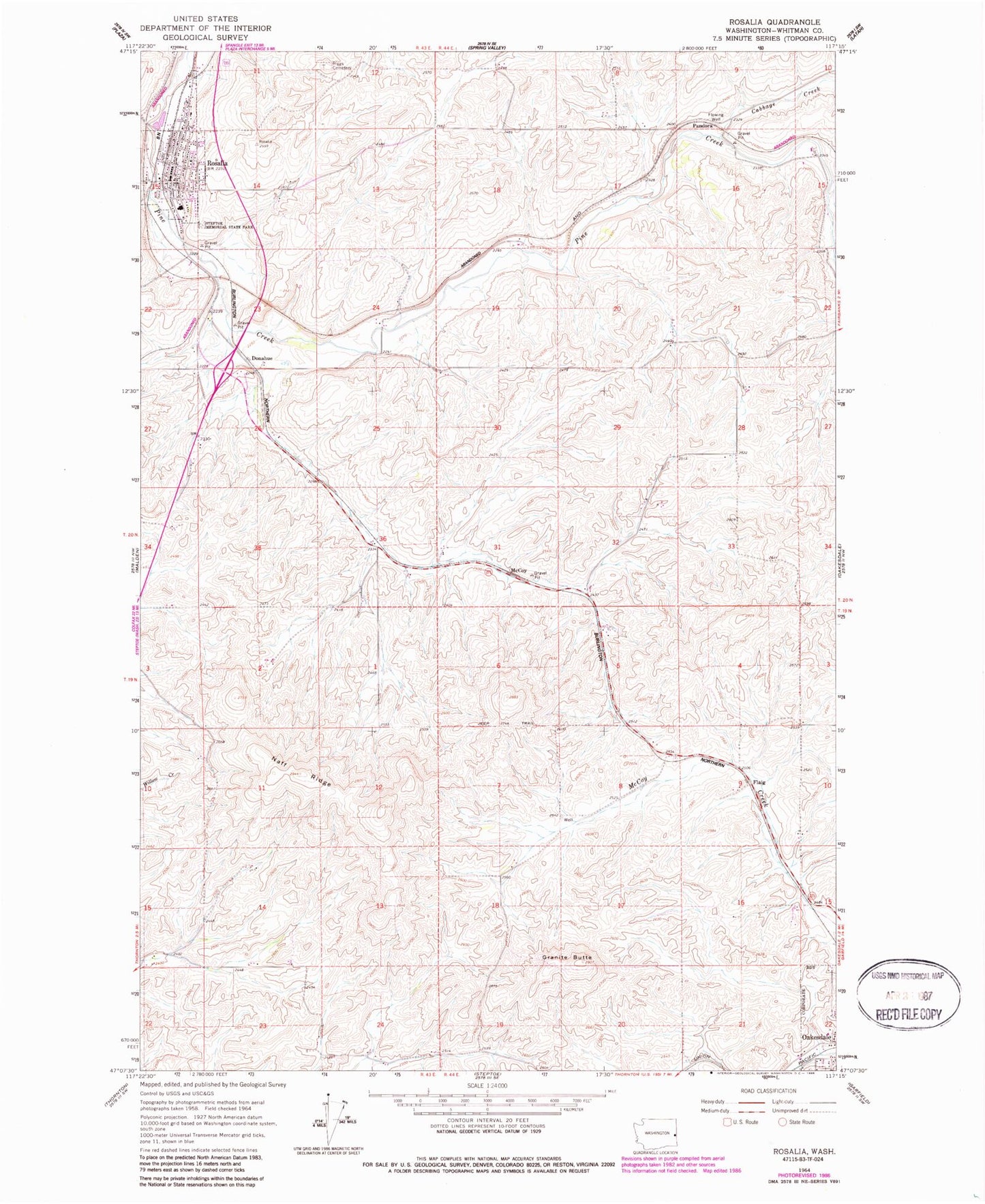 Classic USGS Rosalia Washington 7.5'x7.5' Topo Map Image