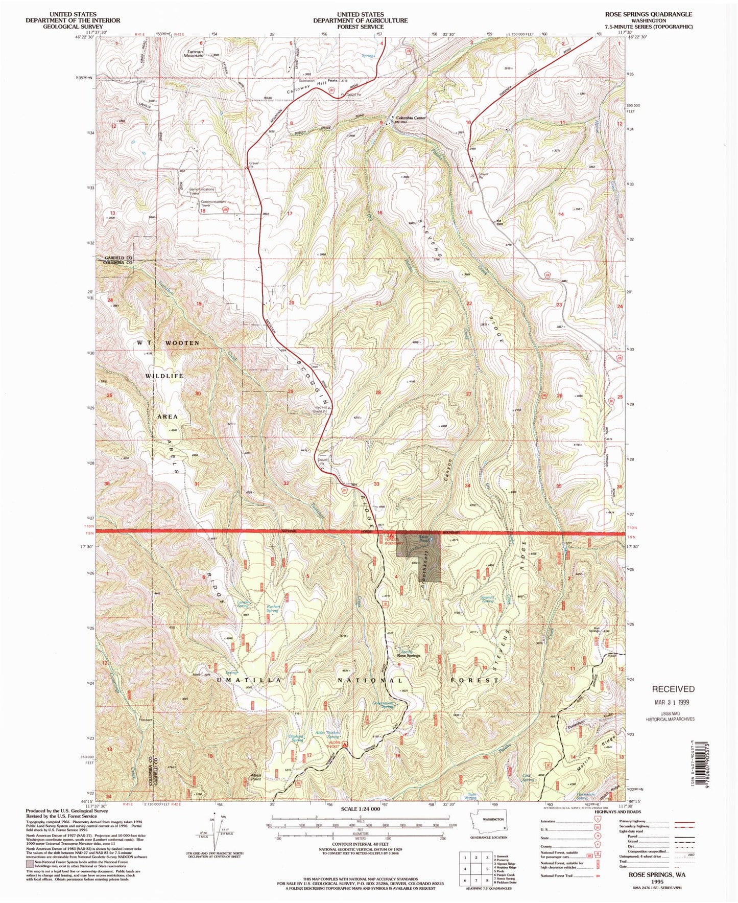 Classic USGS Rose Springs Washington 7.5'x7.5' Topo Map Image