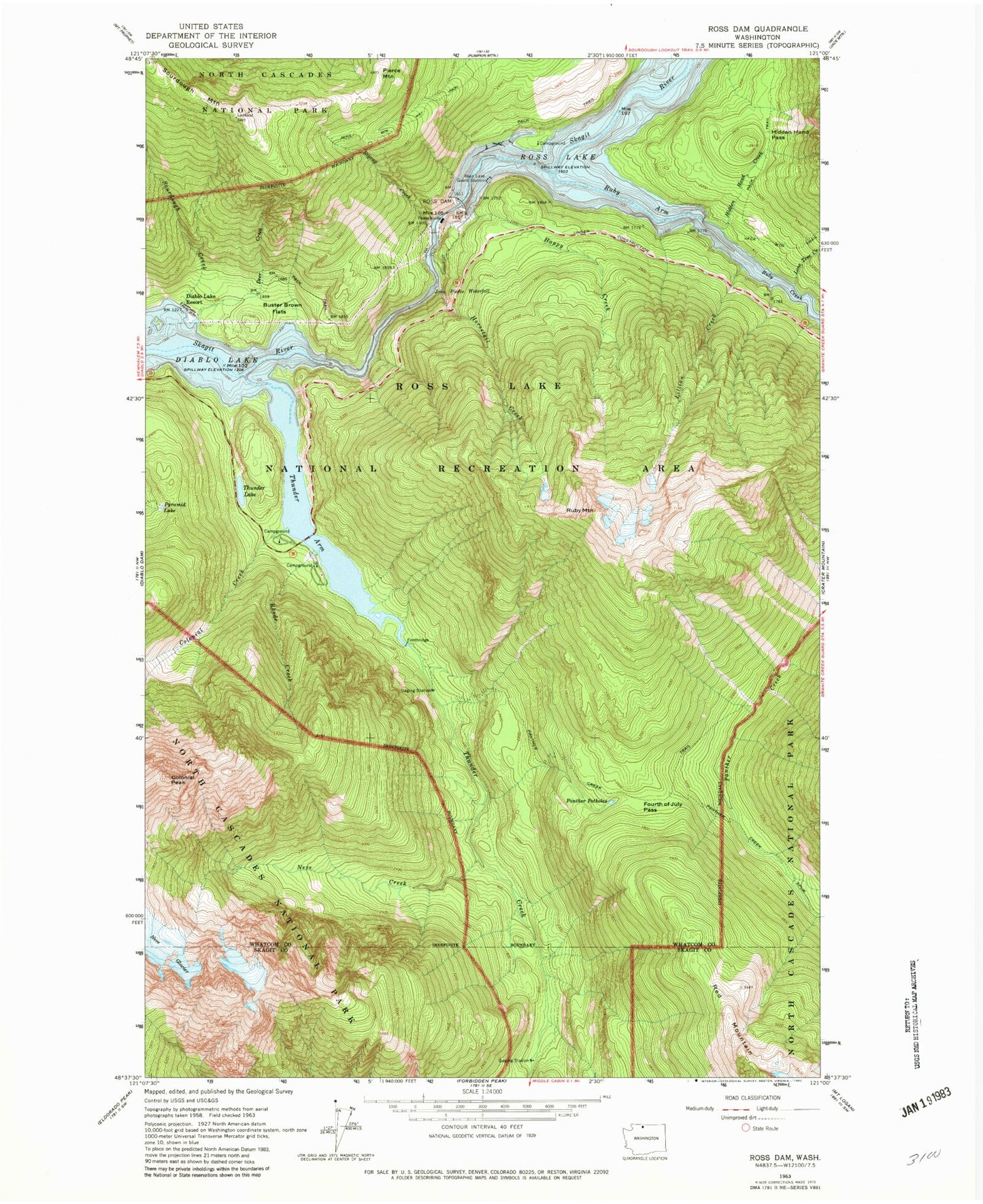Classic USGS Ross Dam Washington 7.5'x7.5' Topo Map Image