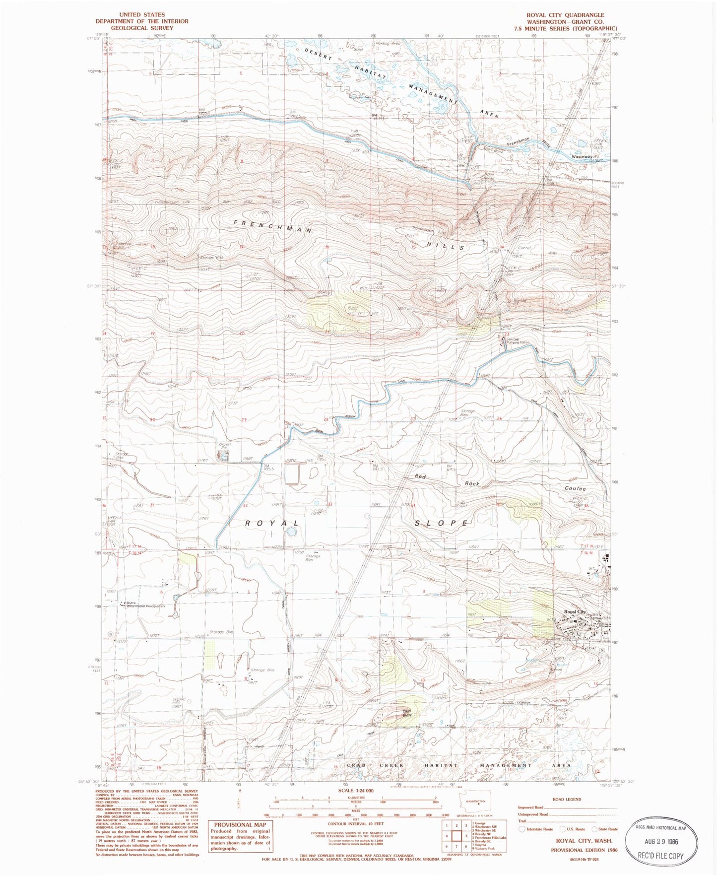 Classic USGS Royal City Washington 7.5'x7.5' Topo Map Image