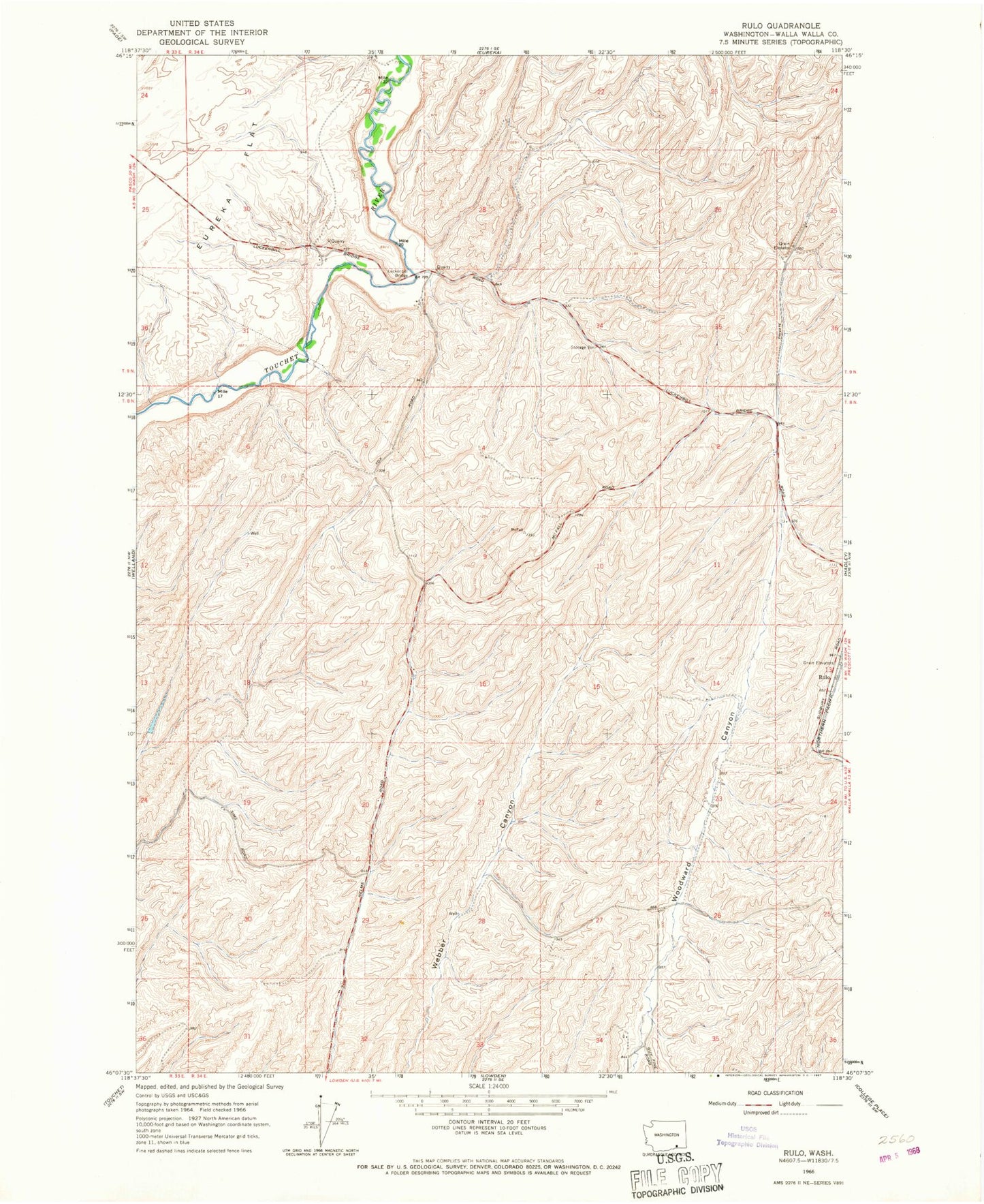 Classic USGS Rulo Washington 7.5'x7.5' Topo Map Image