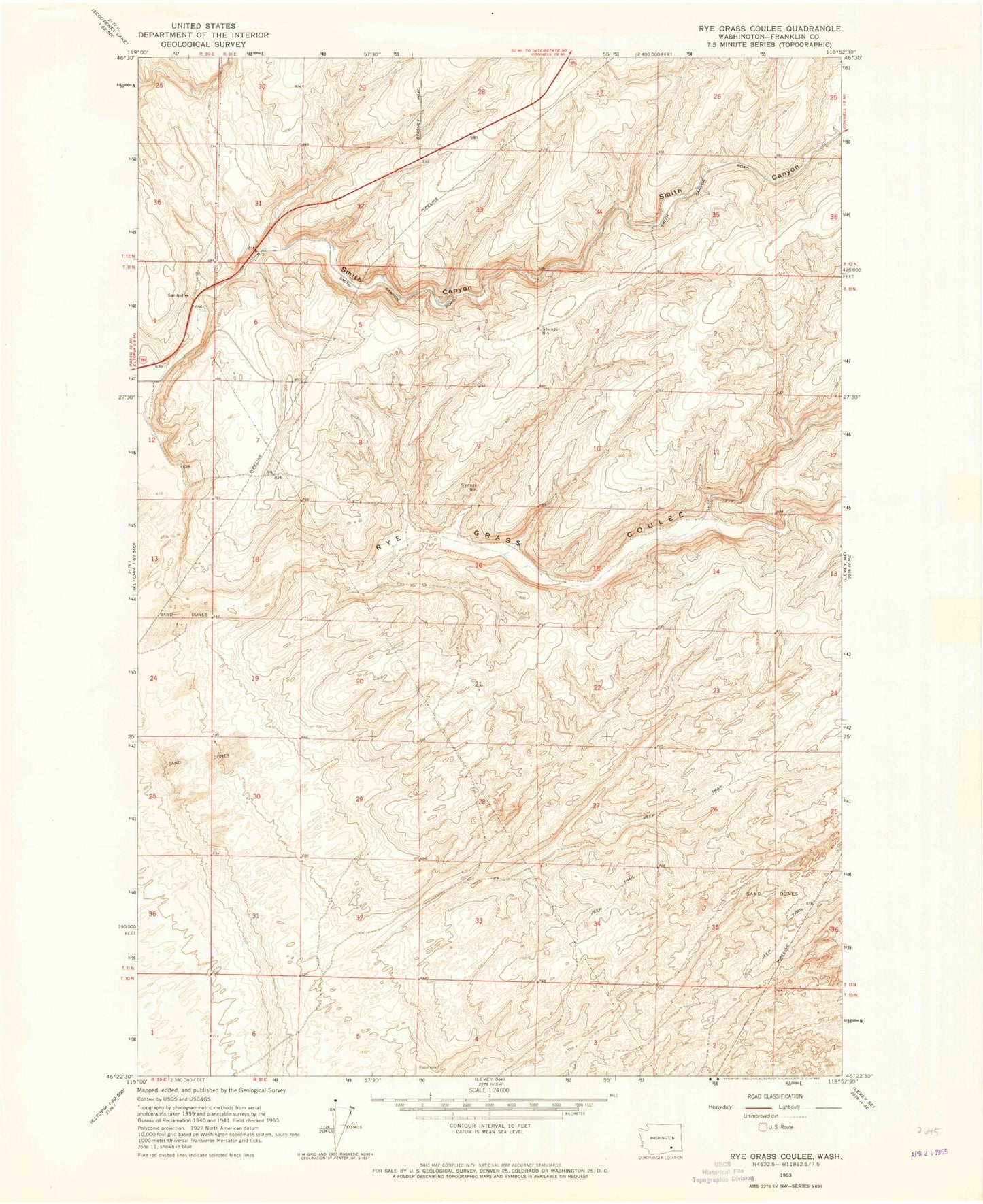 Classic USGS Rye Grass Coulee Washington 7.5'x7.5' Topo Map Image