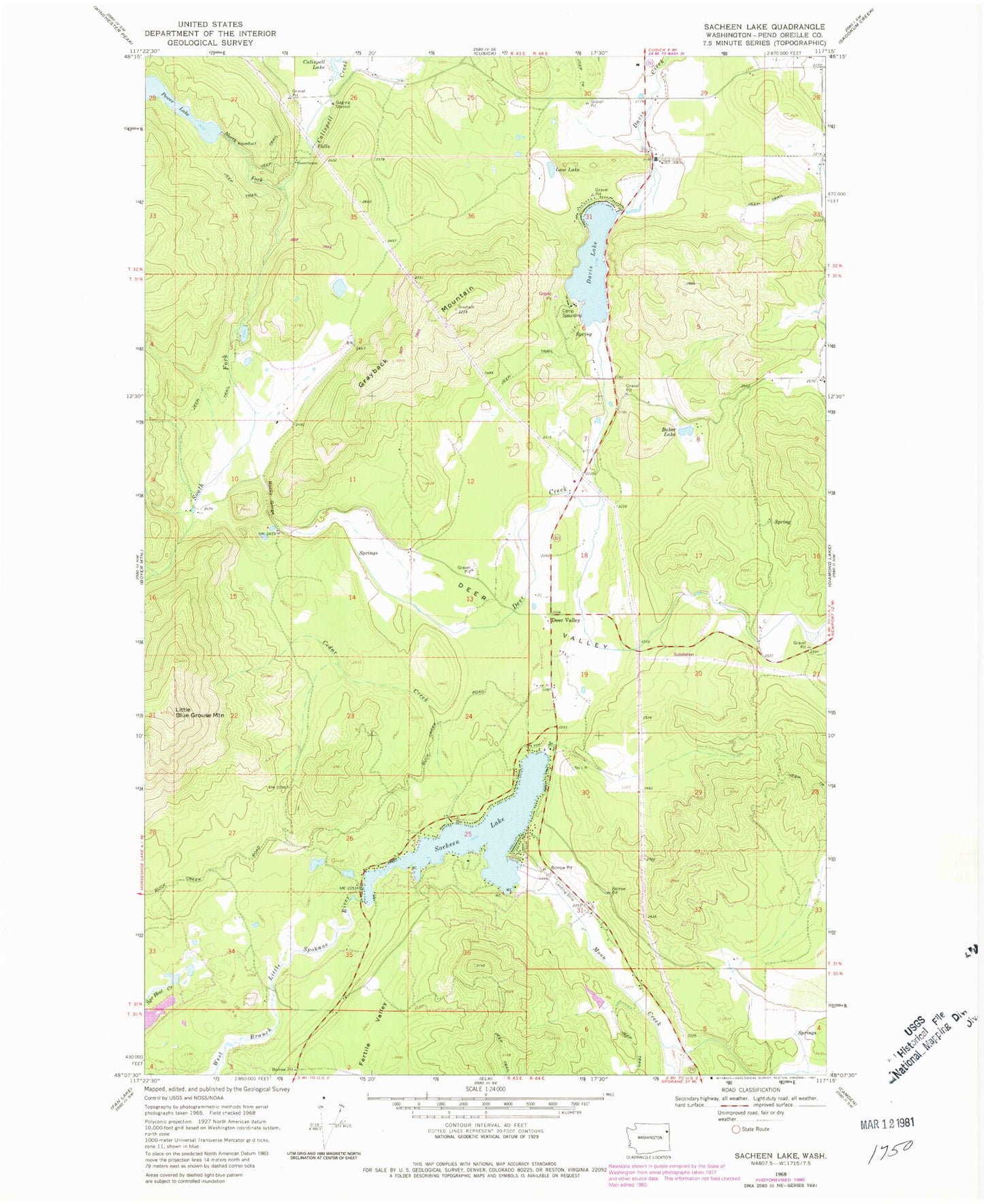 Classic USGS Sacheen Lake Washington 7.5'x7.5' Topo Map Image