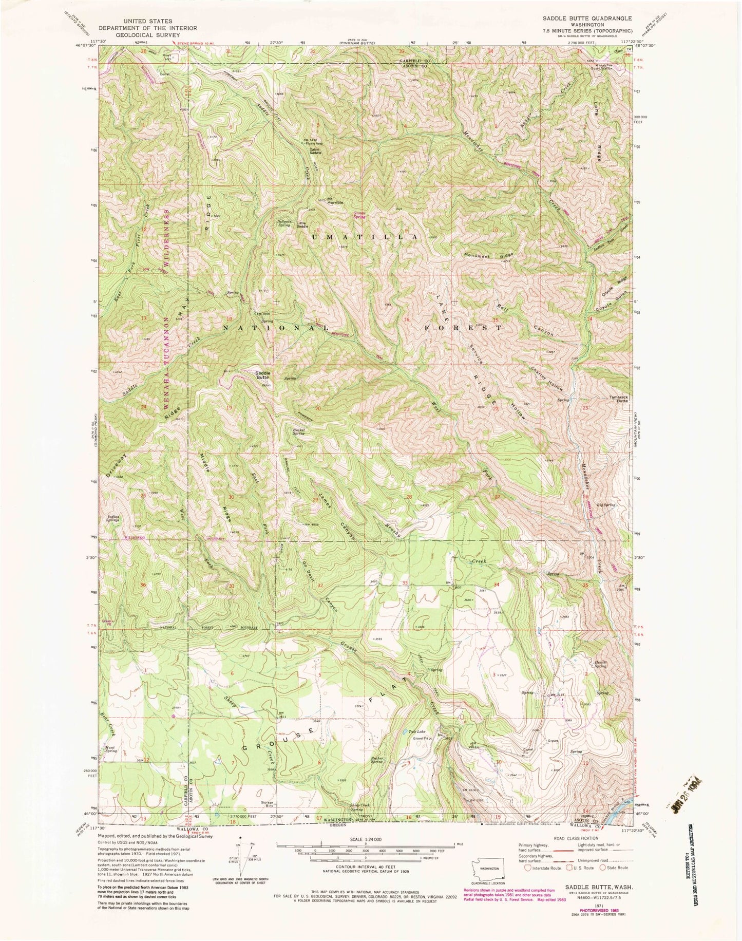 Classic USGS Saddle Butte Washington 7.5'x7.5' Topo Map Image