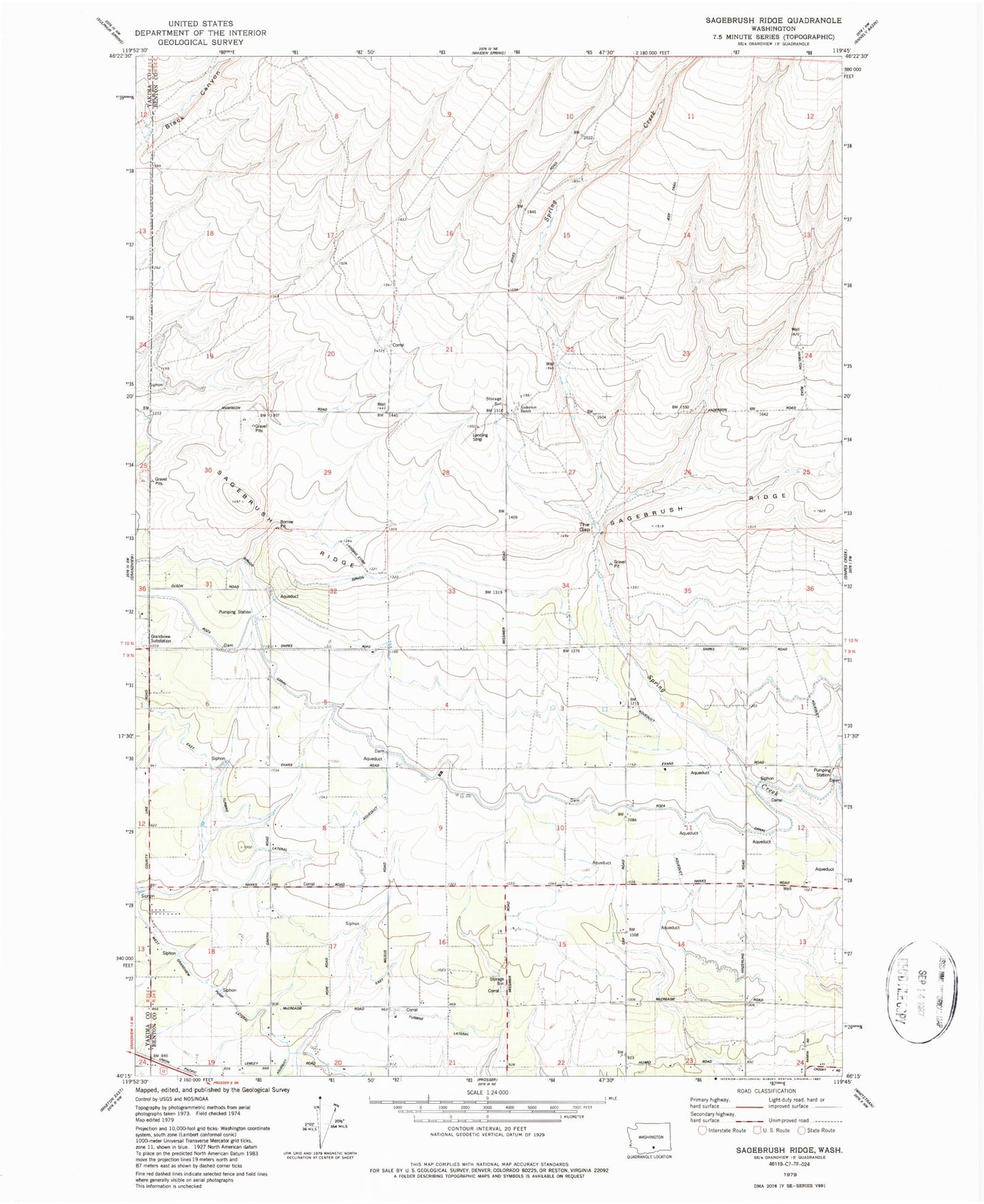 Classic USGS Sagebrush Ridge Washington 7.5'x7.5' Topo Map Image