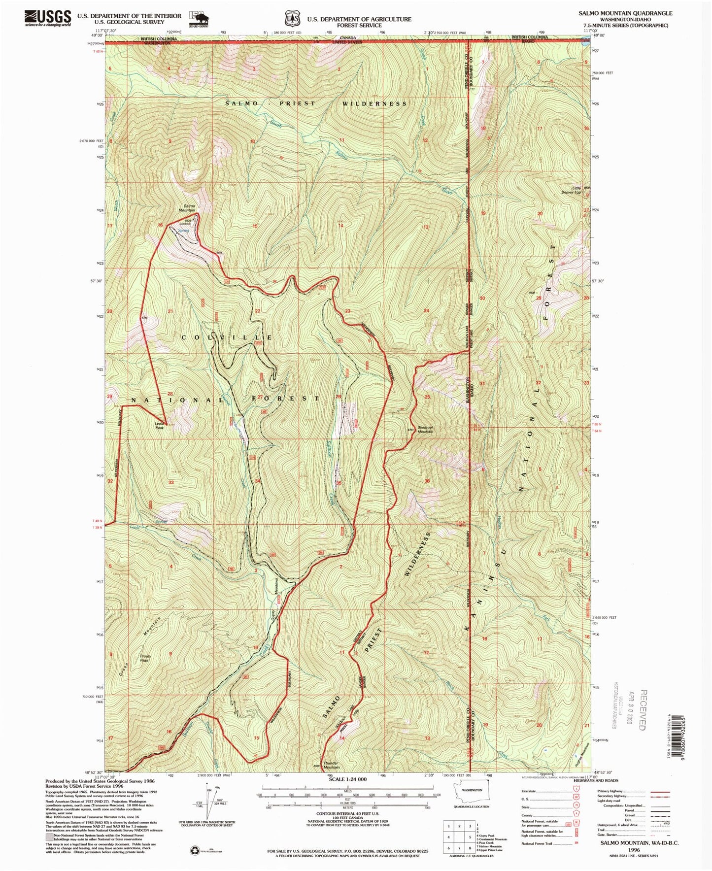 Classic USGS Salmo Mountain Washington 7.5'x7.5' Topo Map Image