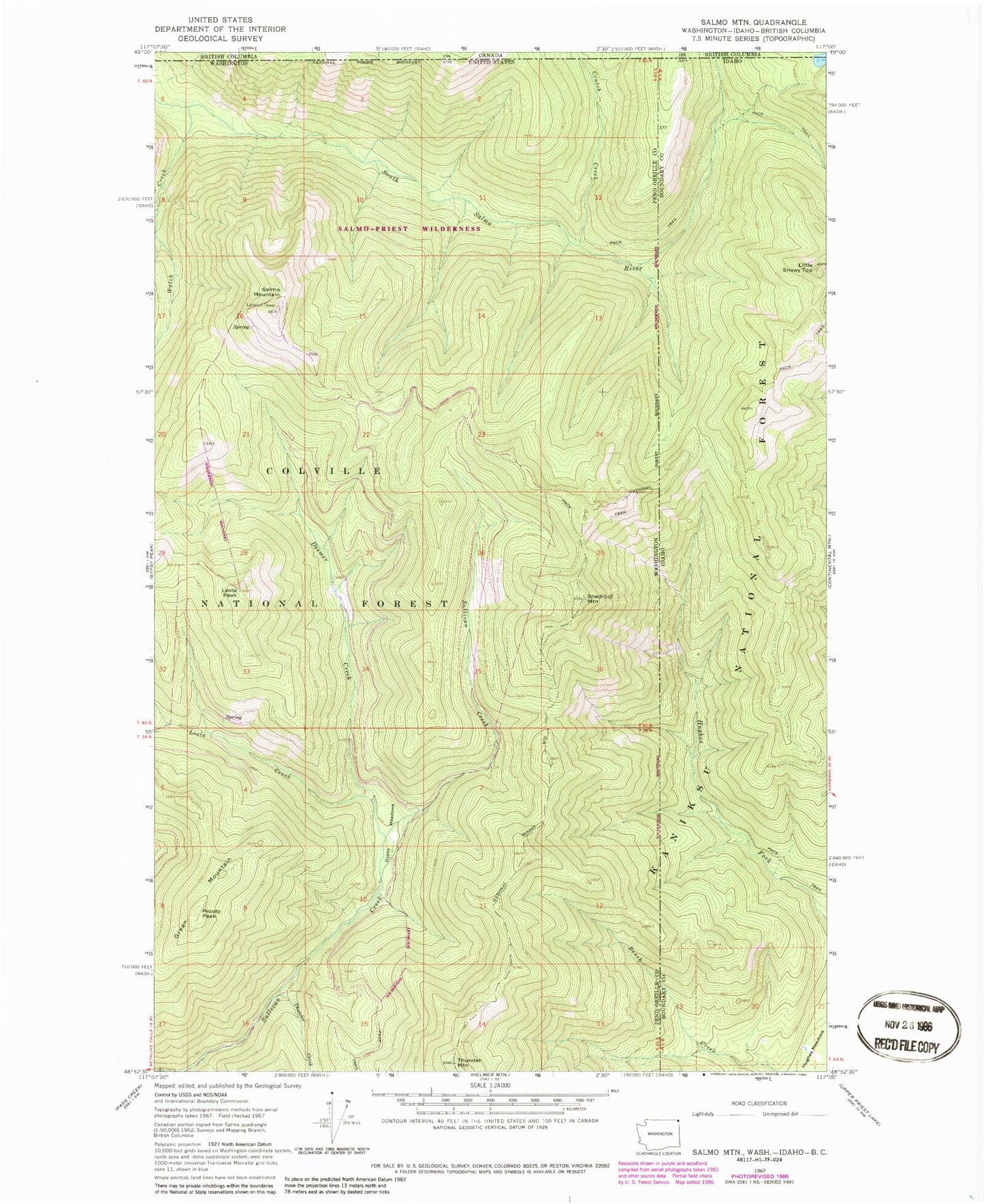 Classic USGS Salmo Mountain Washington 7.5'x7.5' Topo Map Image