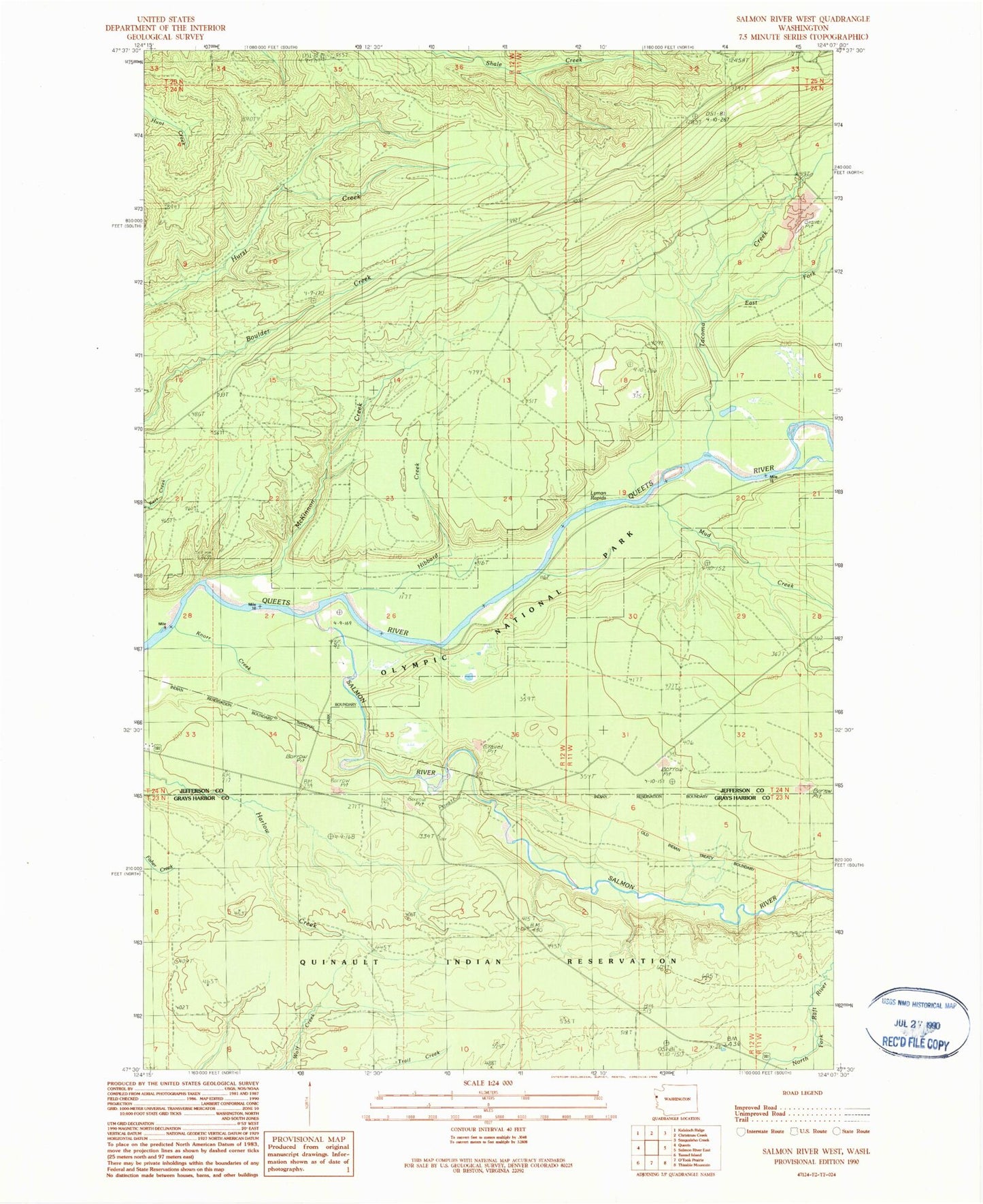 Classic USGS Salmon River West Washington 7.5'x7.5' Topo Map Image