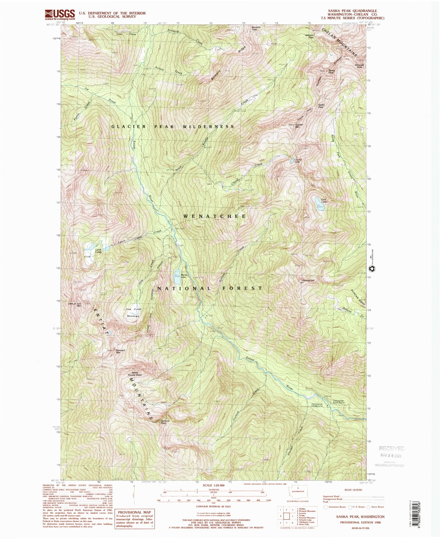Classic USGS Saska Peak Washington 7.5'x7.5' Topo Map Image