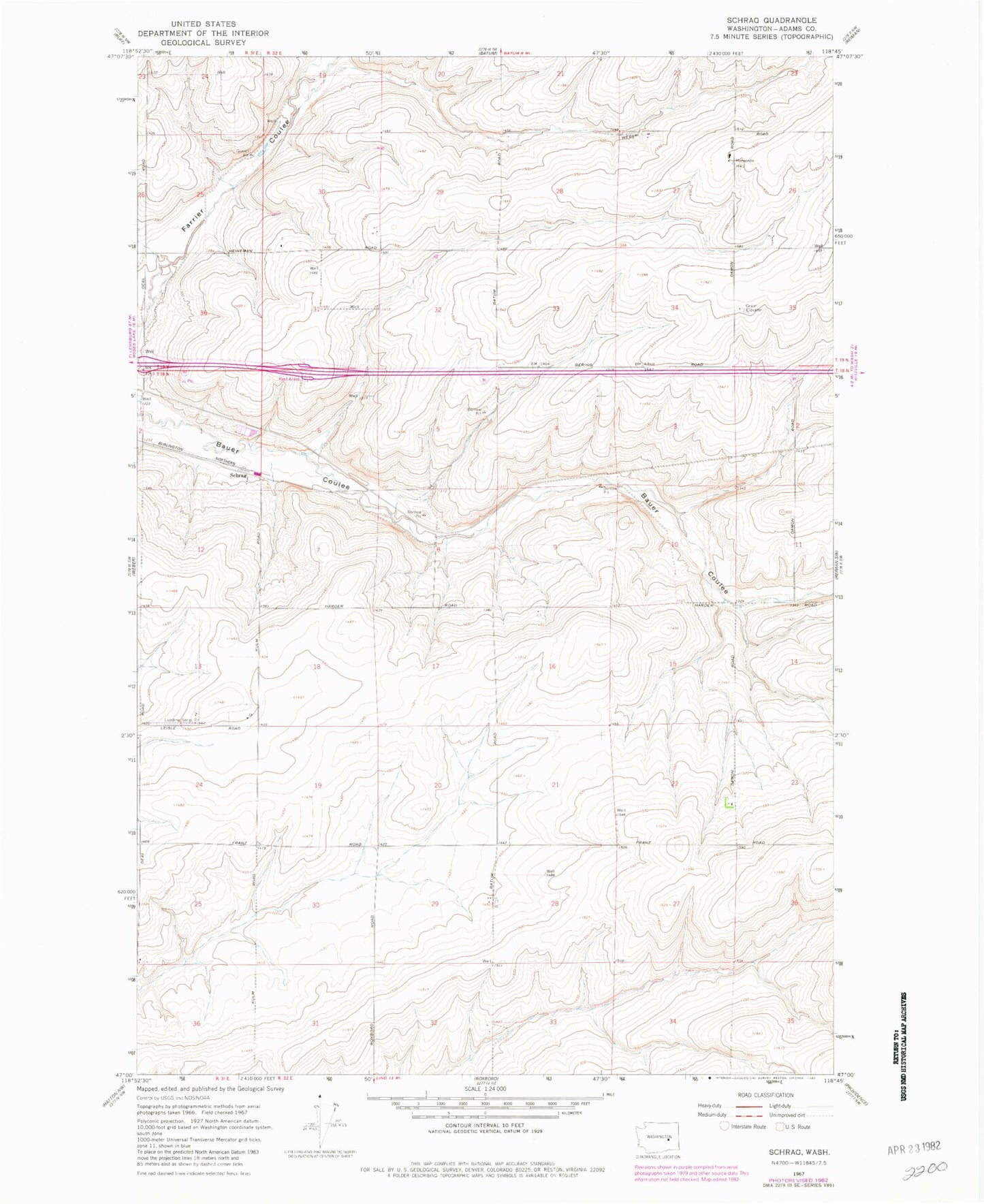 Classic USGS Schrag Washington 7.5'x7.5' Topo Map Image