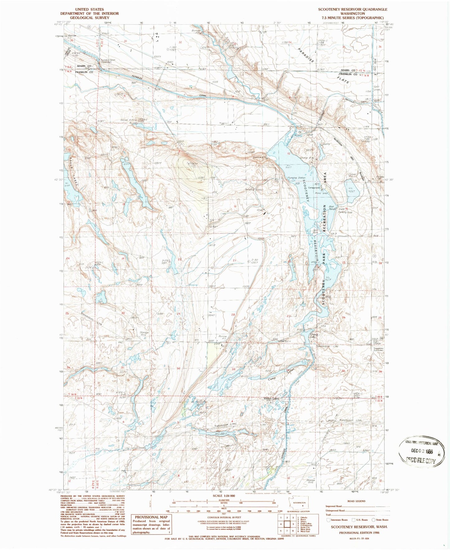 Classic USGS Scooteney Reservoir Washington 7.5'x7.5' Topo Map Image