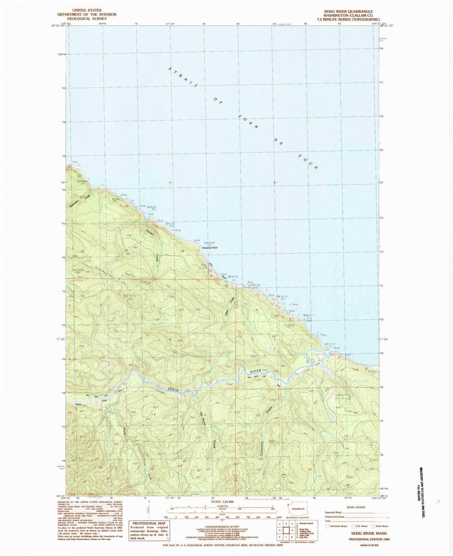 Classic USGS Sekiu River Washington 7.5'x7.5' Topo Map Image