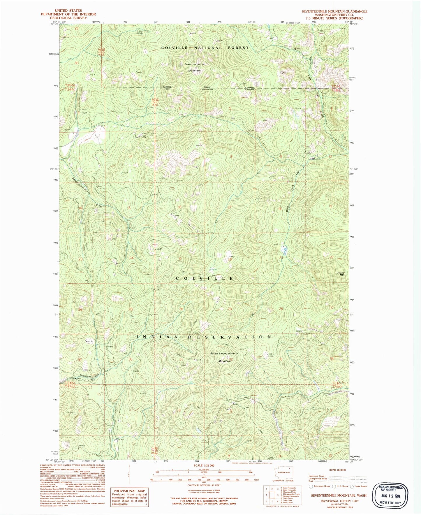 Classic USGS Seventeenmile Mountain Washington 7.5'x7.5' Topo Map Image