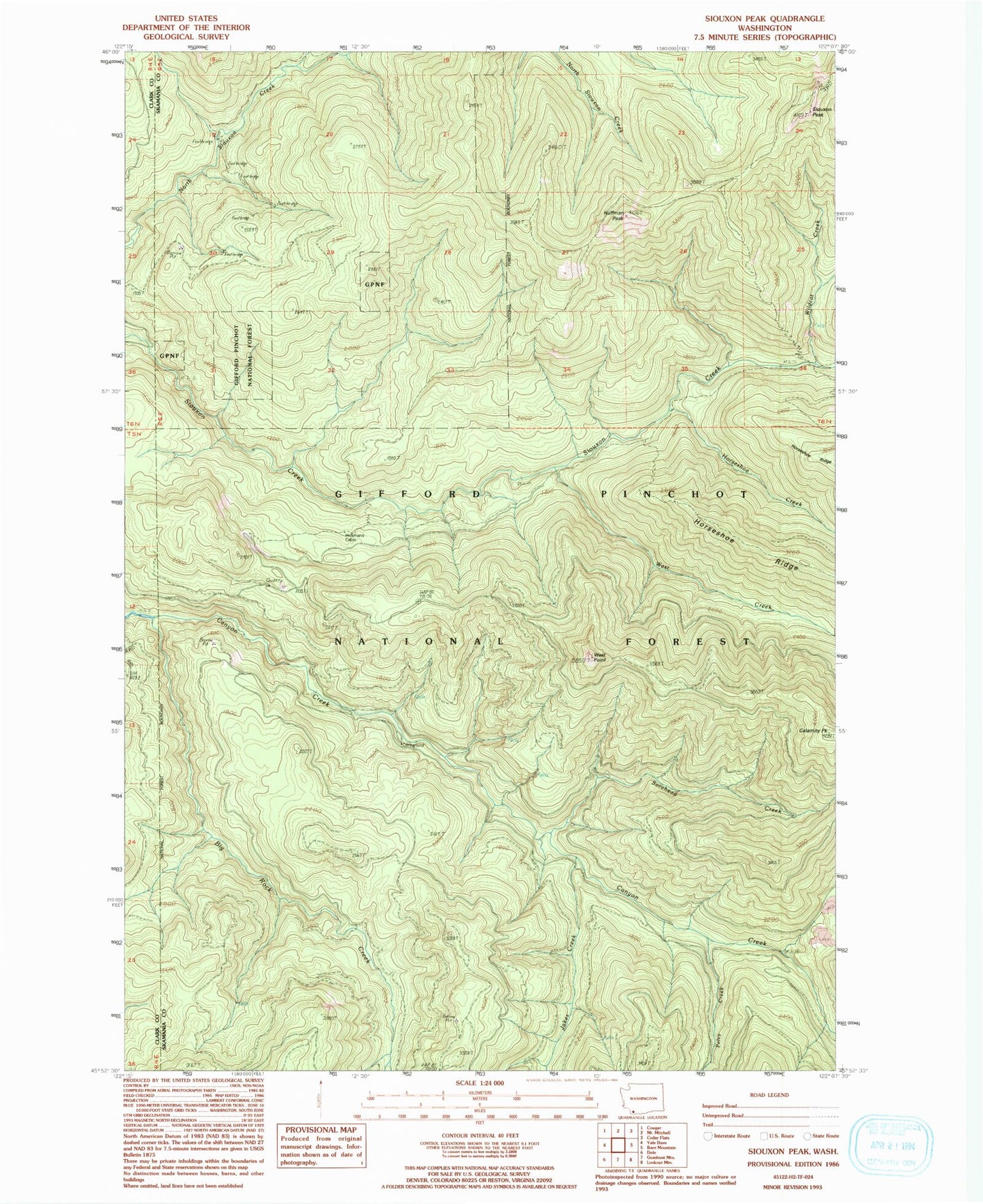 Classic USGS Siouxon Peak Washington 7.5'x7.5' Topo Map Image