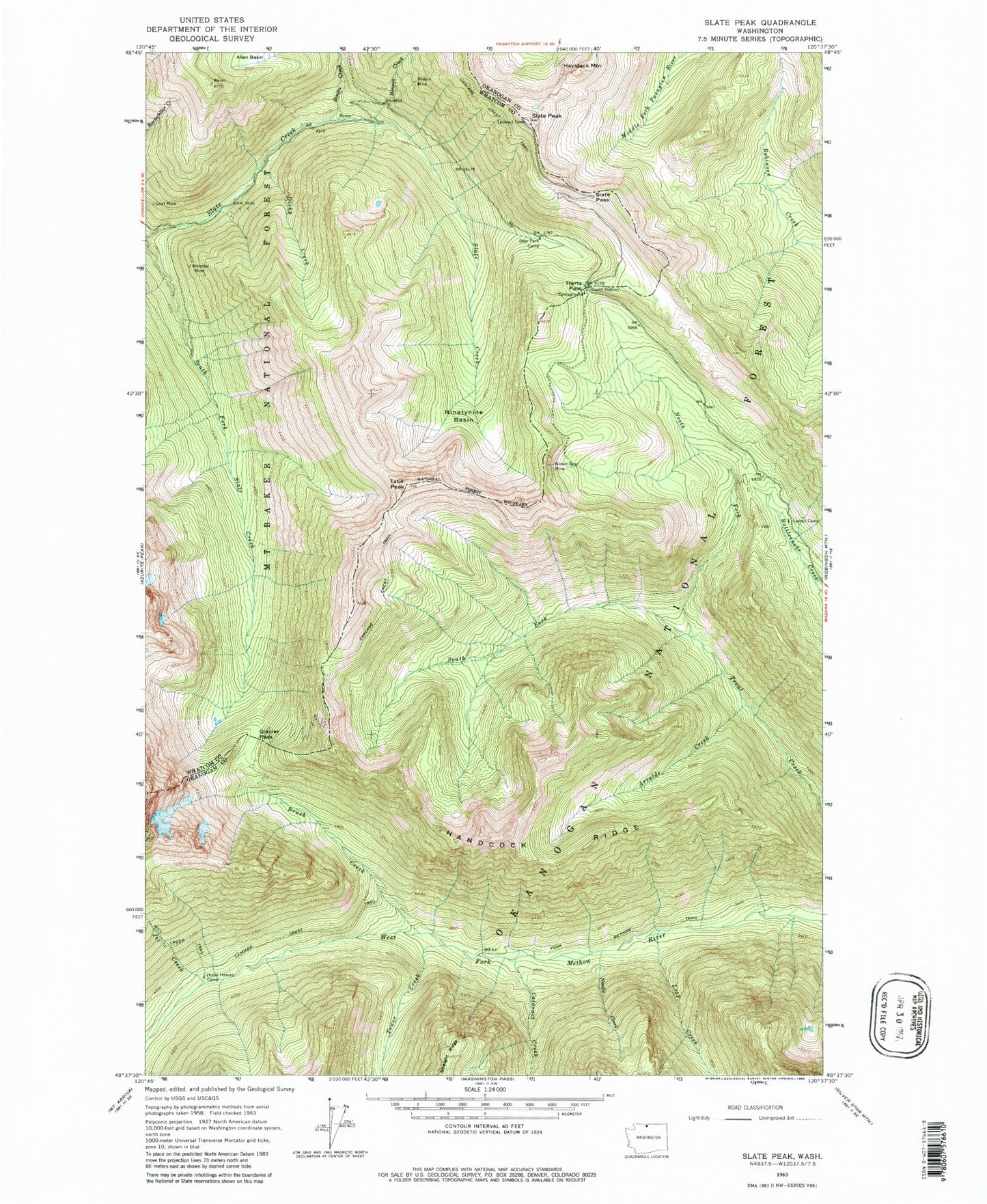 Classic USGS Slate Peak Washington 7.5'x7.5' Topo Map Image