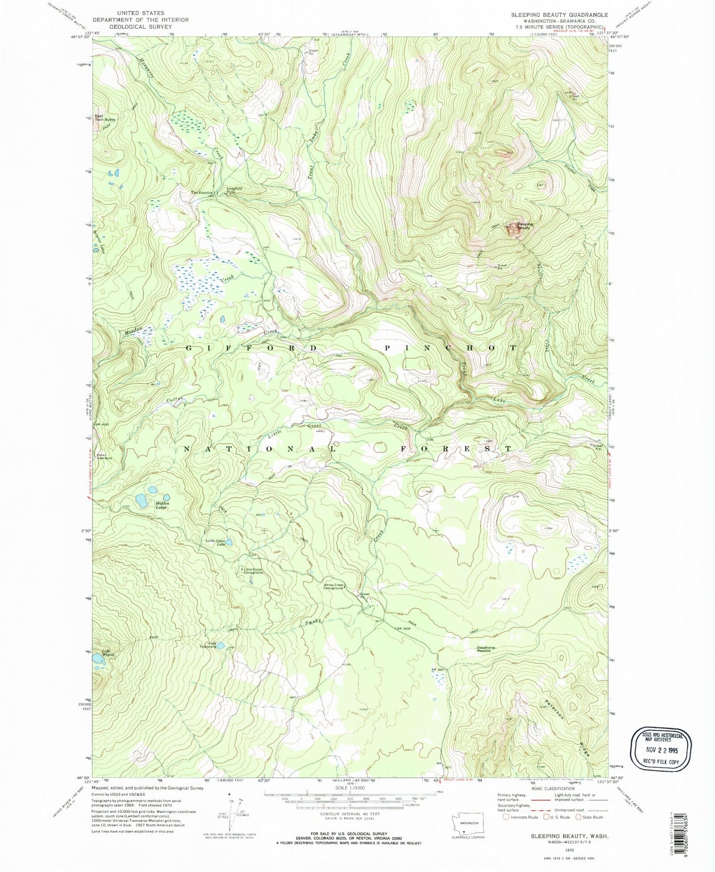 Classic USGS Sleeping Beauty Washington 7.5'x7.5' Topo Map Image