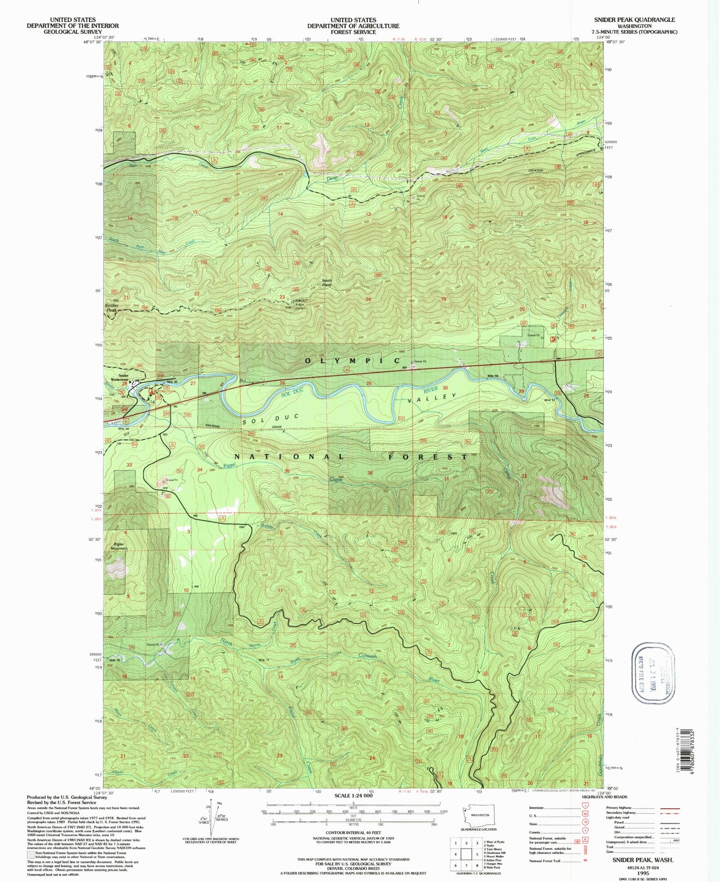 Classic USGS Snider Peak Washington 7.5'x7.5' Topo Map Image