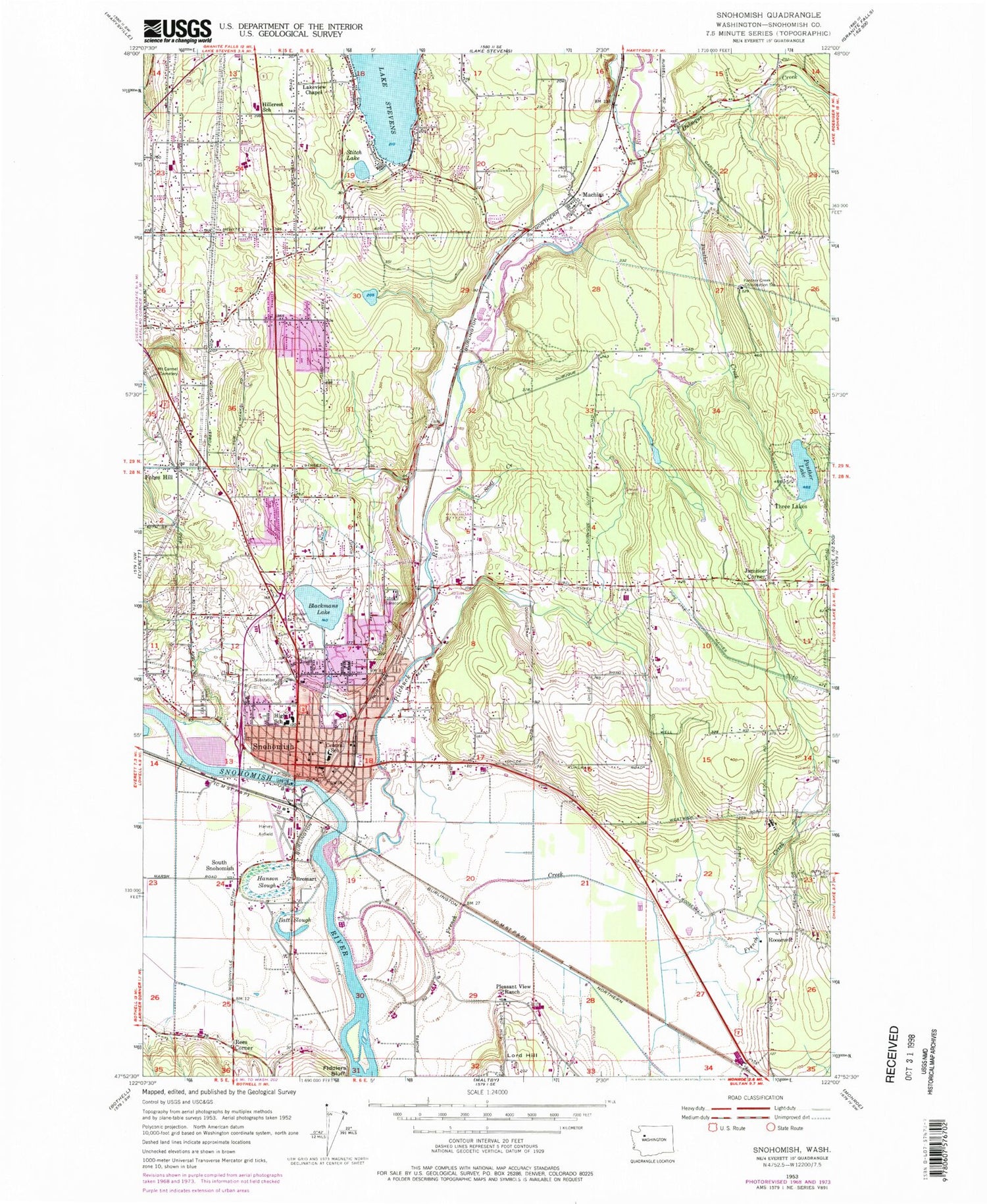 Classic USGS Snohomish Washington 7.5'x7.5' Topo Map Image